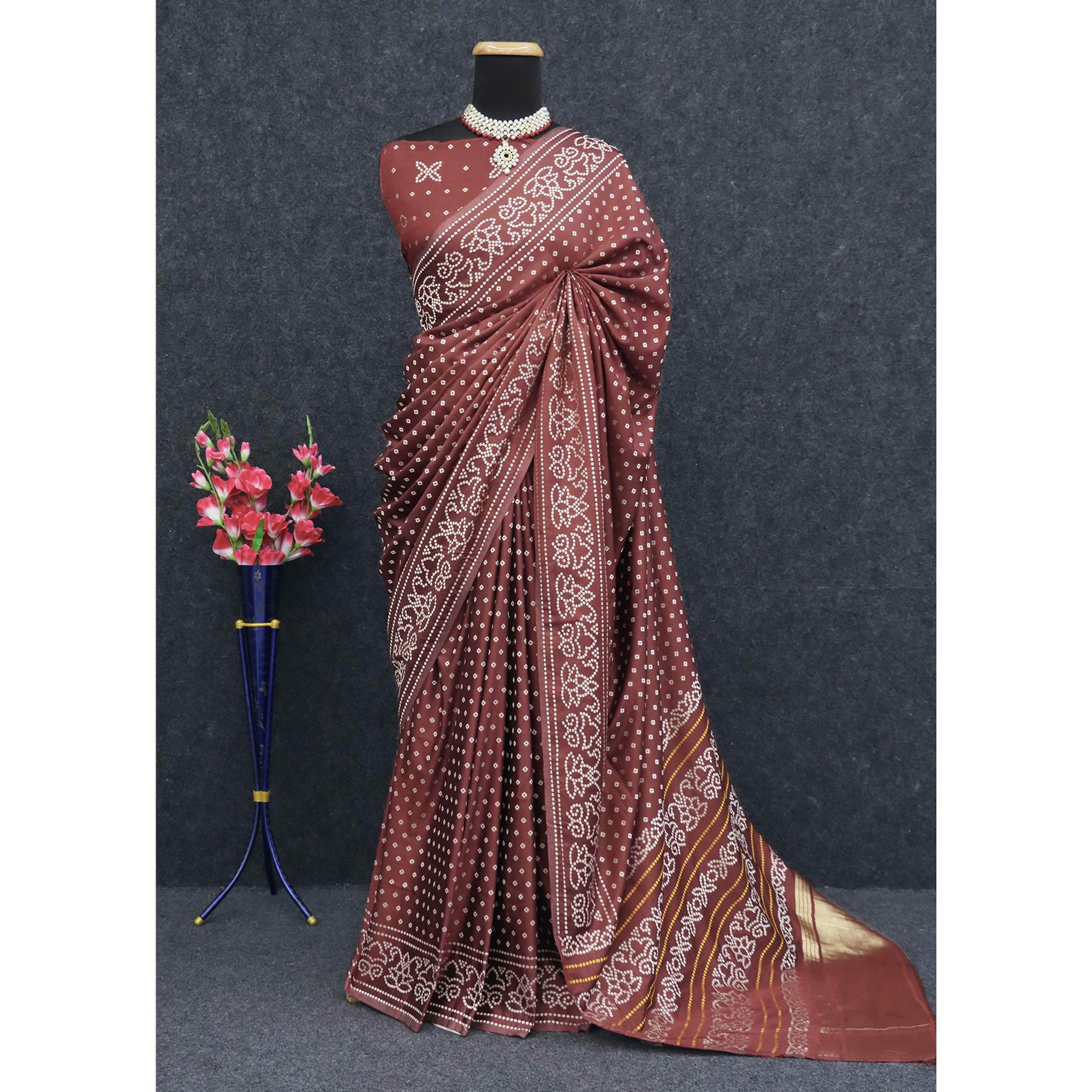 Brown Bandhani Zari Woven Dola Silk Saree