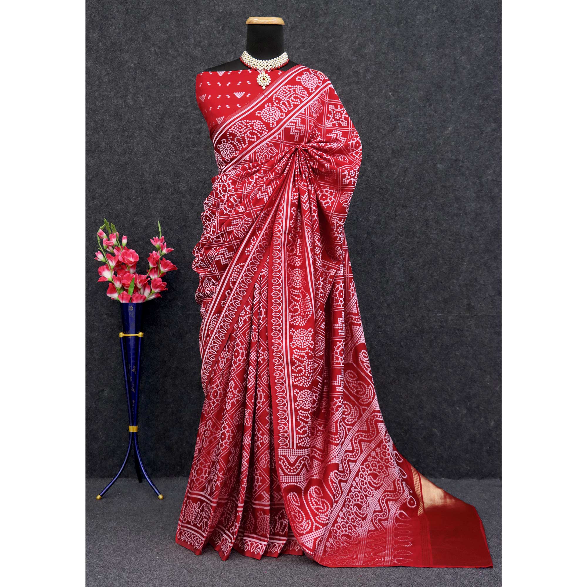 Red Bandhani Zari Woven Dola Silk Saree
