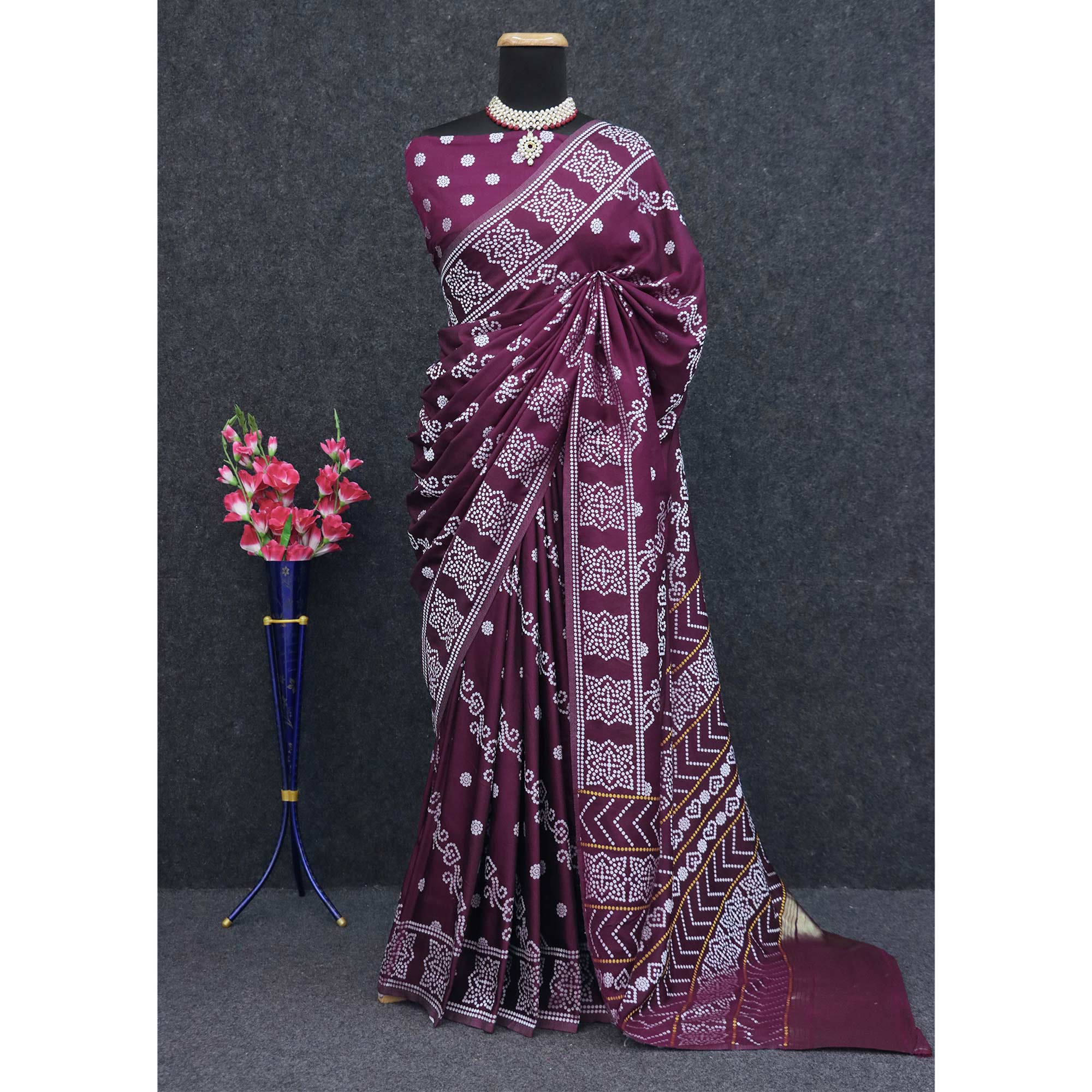 Wine Bandhani Zari Woven Dola Silk Saree