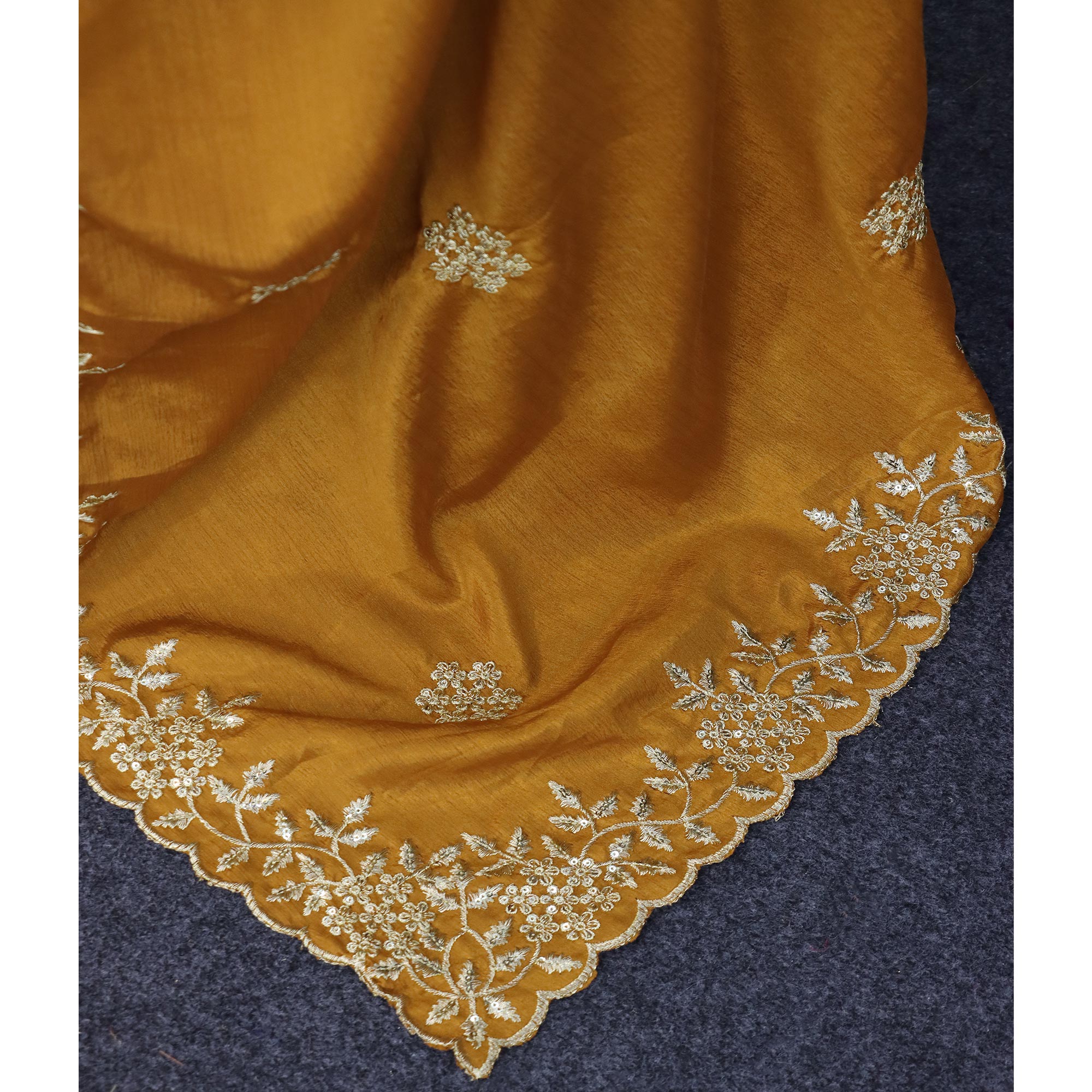 Mustard Floral Sequins Embroidered Chinon Saree