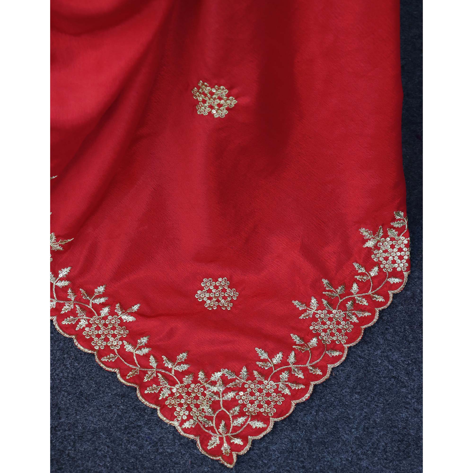Red Floral Sequins Embroidered Chinon Saree
