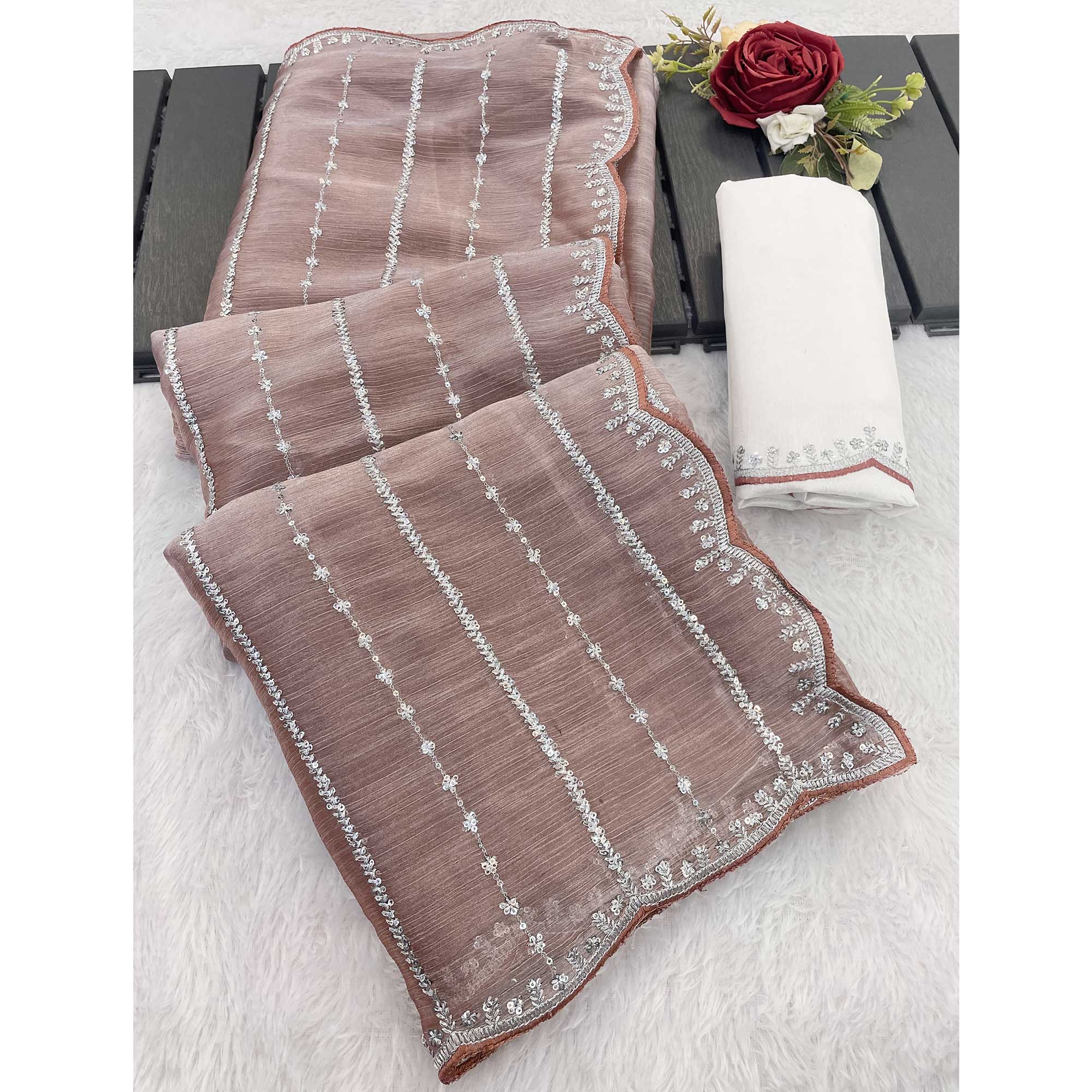 Brown Sequins Work Embroidered Chiffon Saree