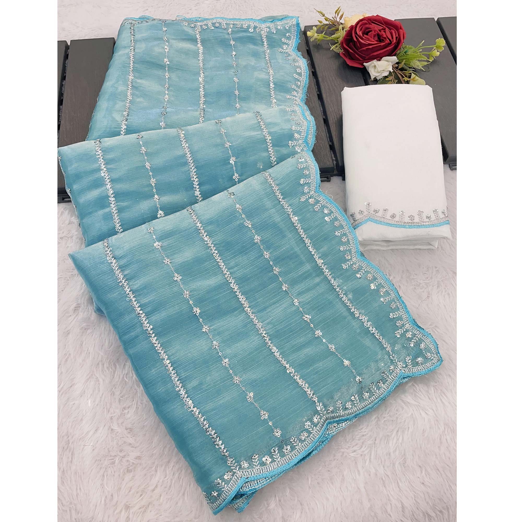 Sky Blue Sequins Work Embroidered Chiffon Saree