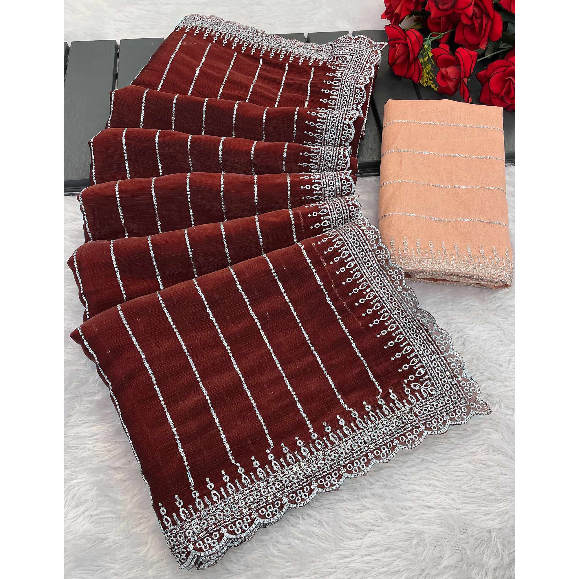 Maroon Sequins Embroidered Chiffon Saree