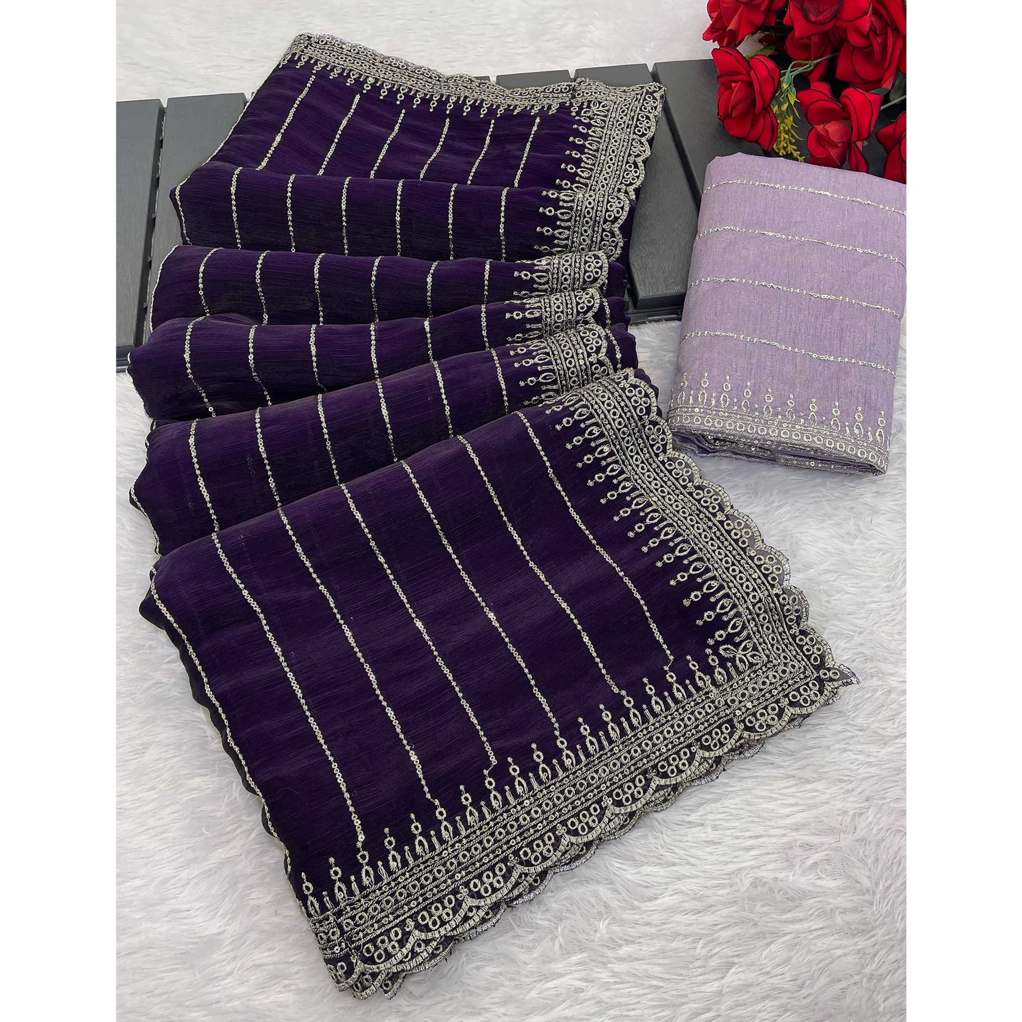 Purple Sequins Embroidered Chiffon Saree