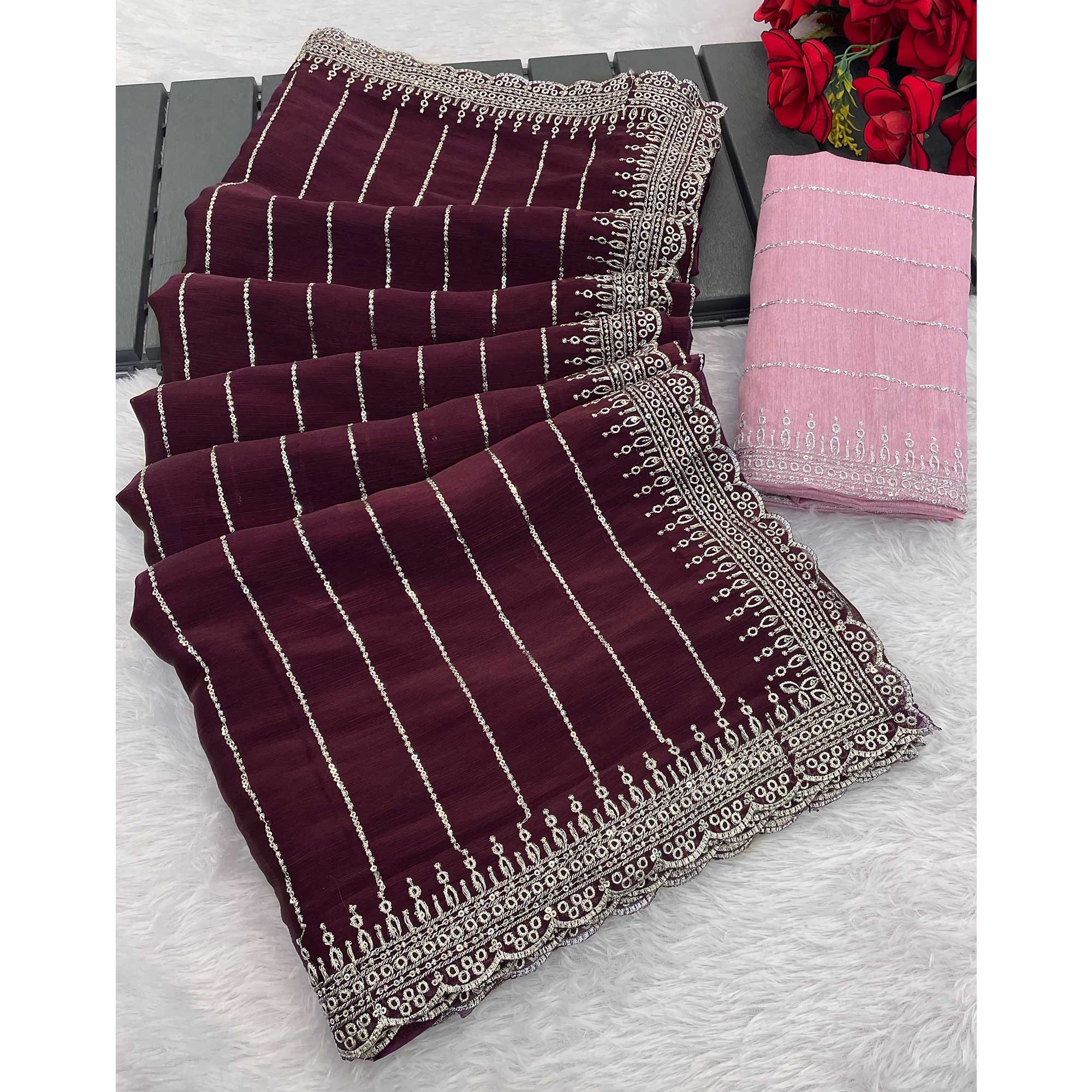 Wine Sequins Embroidered Chiffon Saree