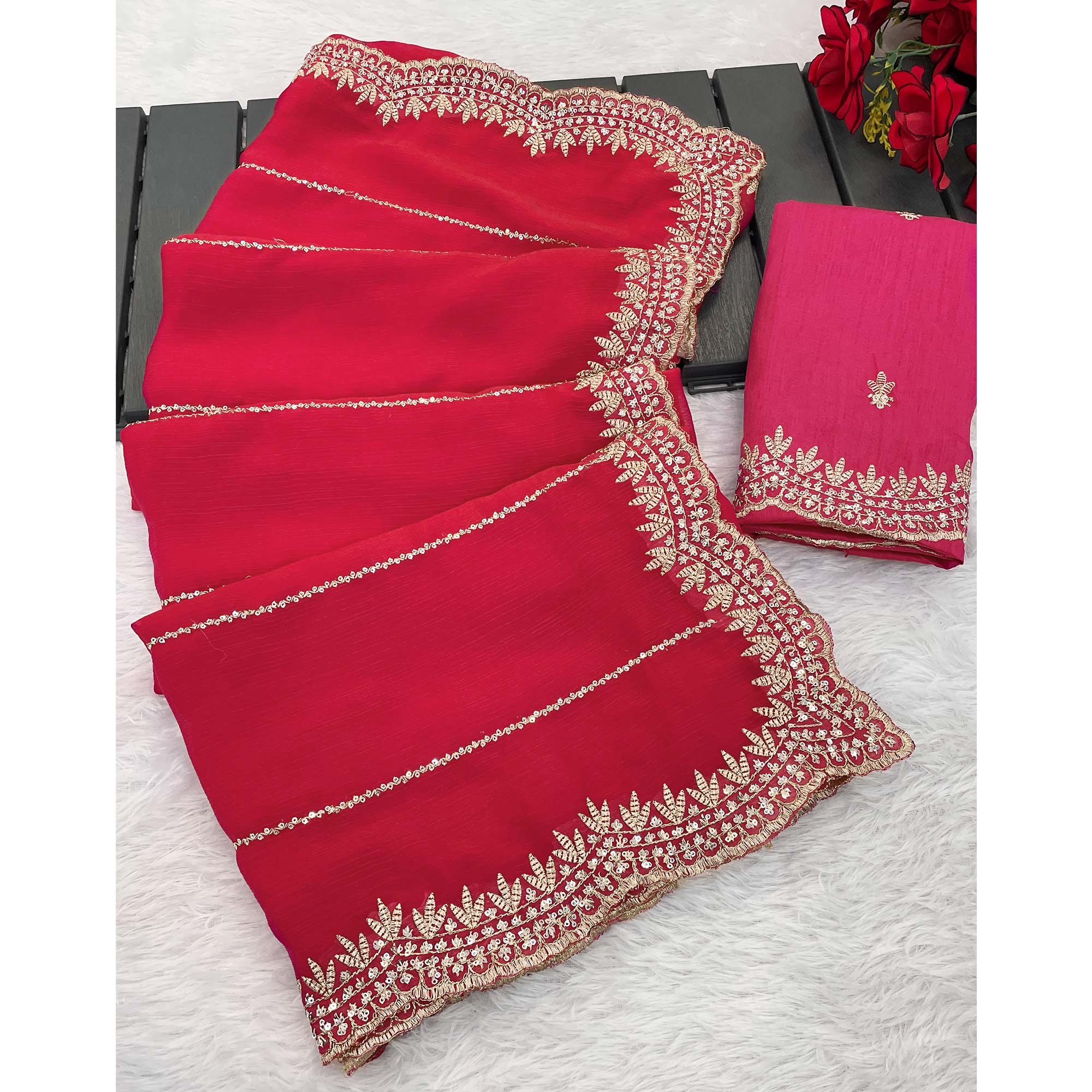 Rani Pink Sequins Work Embroidered Chiffon Saree