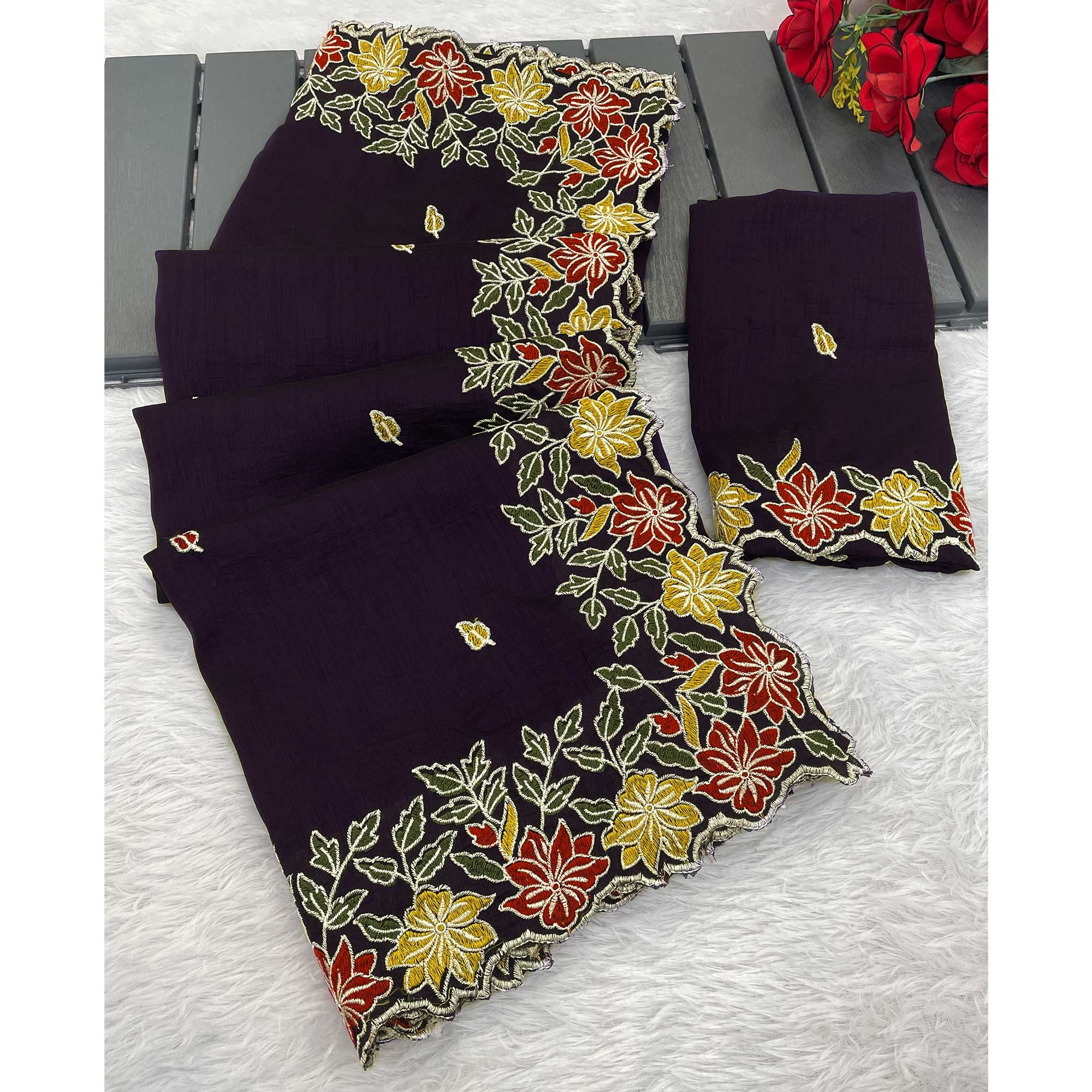 Purple Floral Embroidered Vichitra Silk Saree