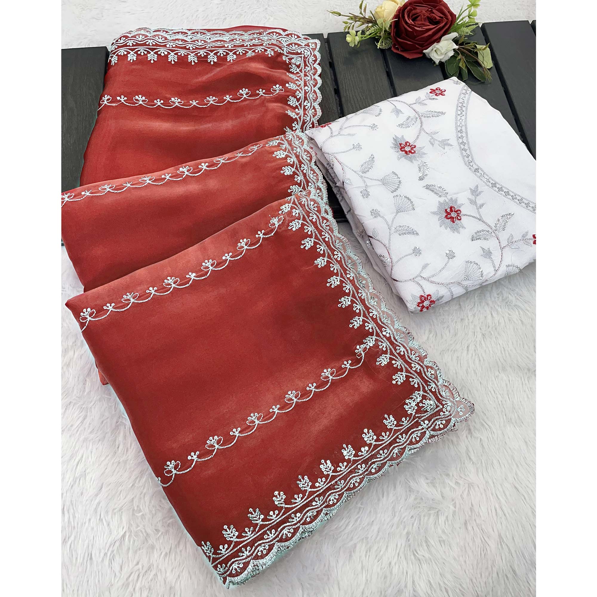 Red Sequins Embroidered Satin Saree
