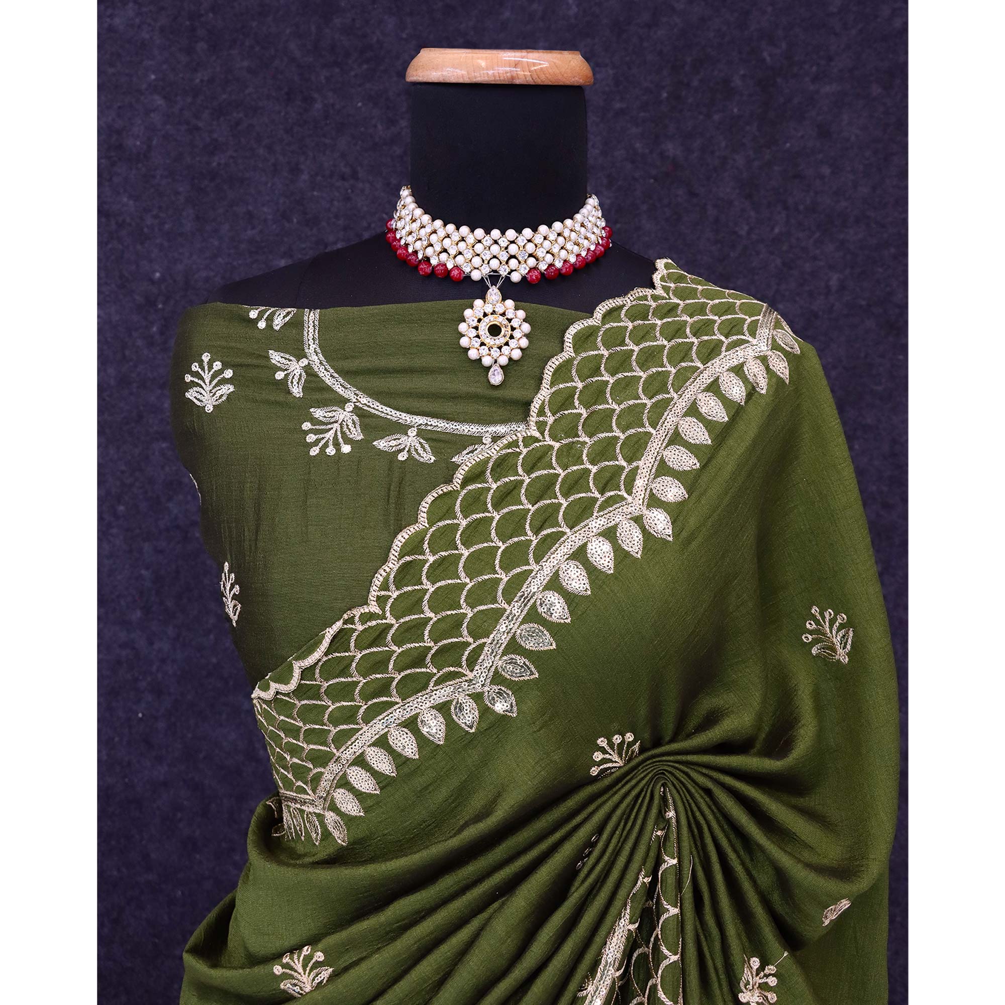 Green Sequins Embroidered Vichitra Silk Saree