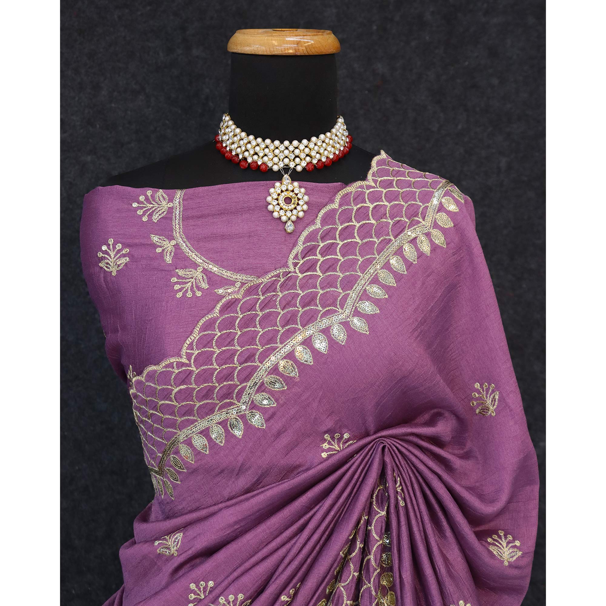 Purple Sequins Embroidered Vichitra Silk Saree