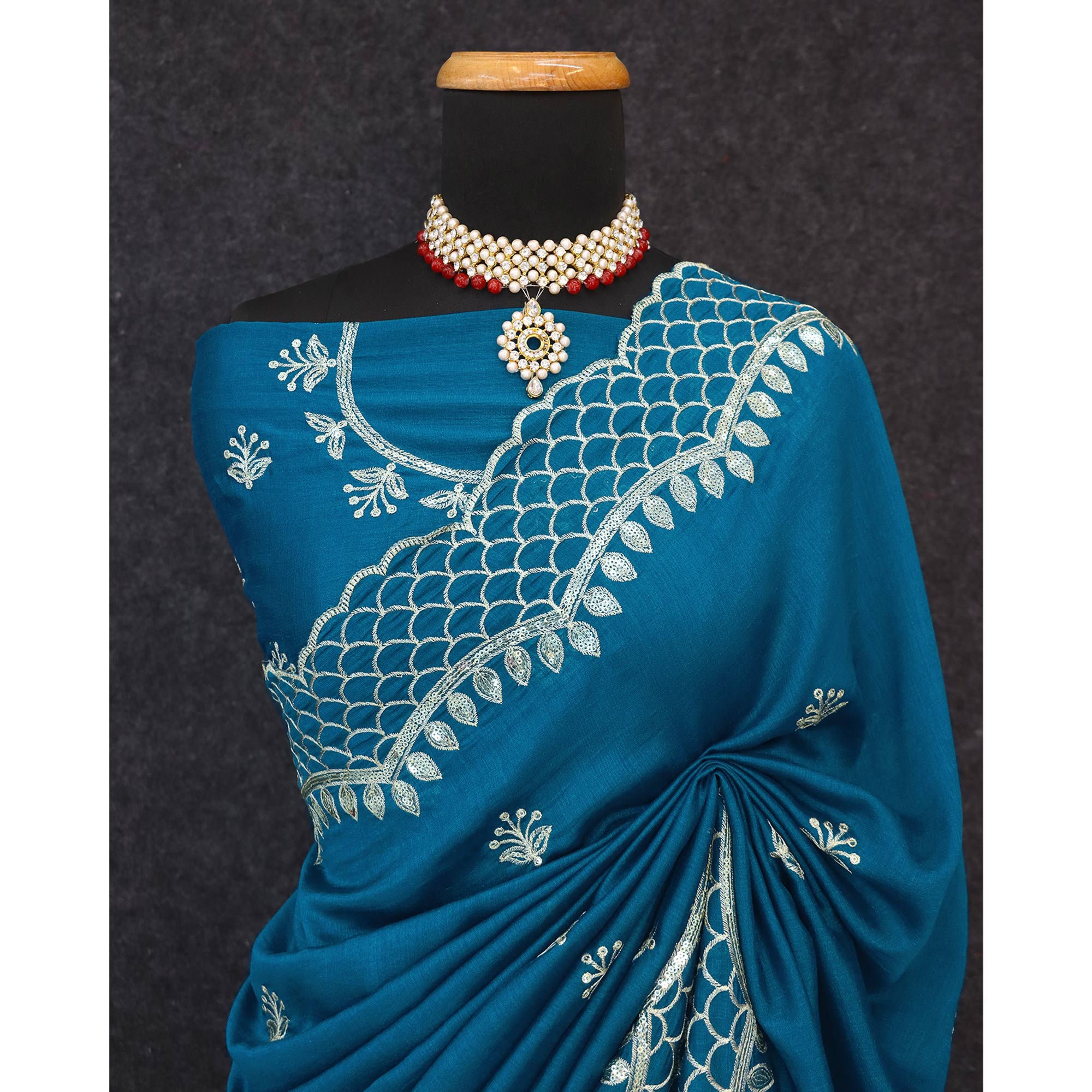 Teal Sequins Embroidered Vichitra Silk Saree