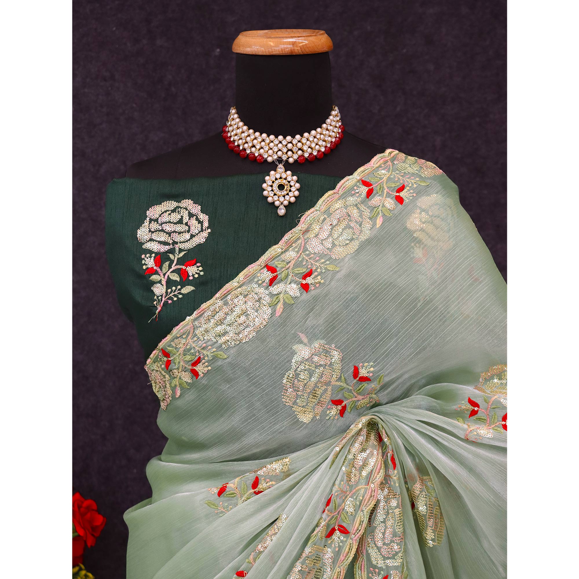 Green Sequins Work Embroidered Chiffon Saree