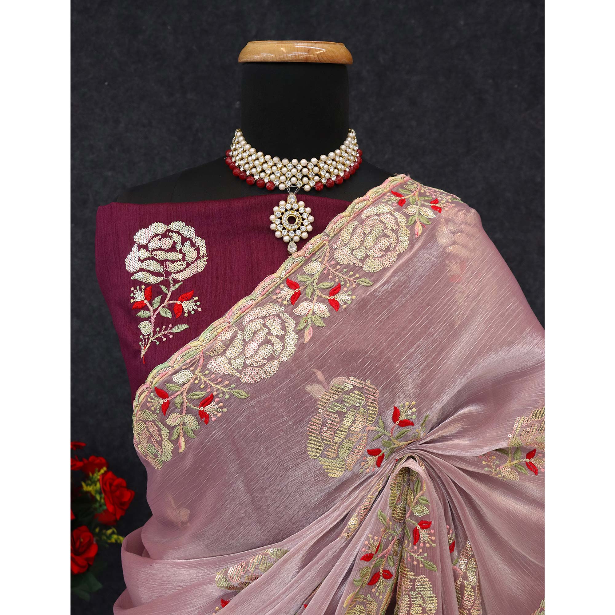 Light Pink Sequins Work Embroidered Chiffon Saree