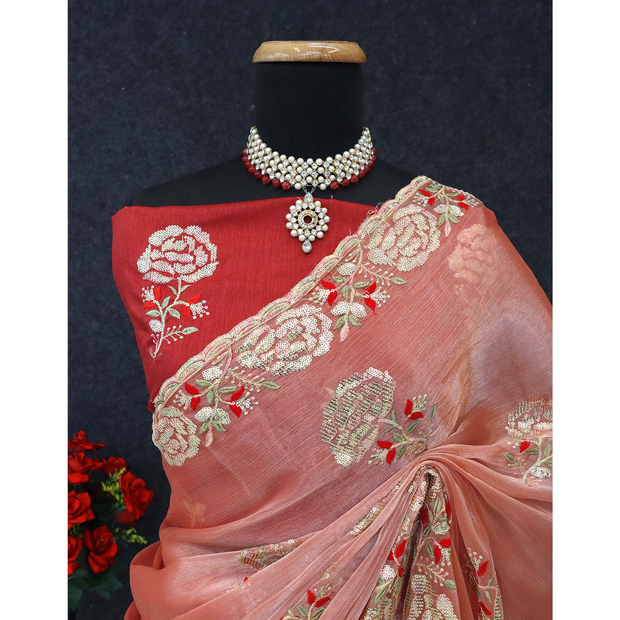Peach Sequins Work Embroidered Chiffon Saree