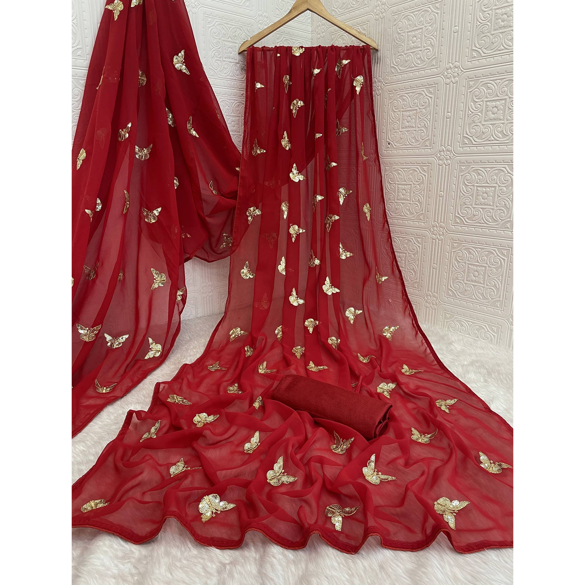 Red Embroidered Georgette Saree With Shimmering Butterfly Sequin Work