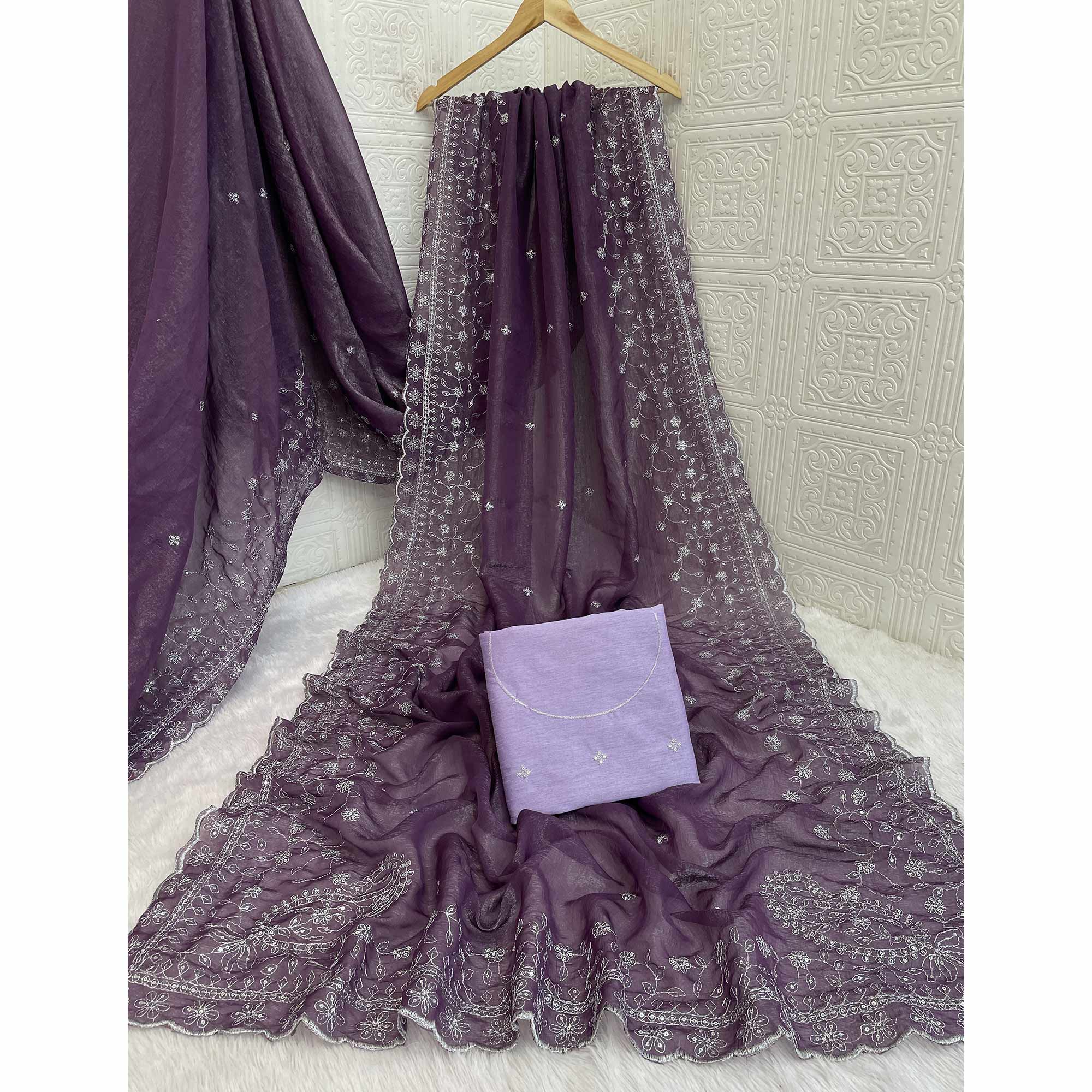 Dusty Lavender Silk Blend Crush Saree Adorned With Floral Thread Embroidery & Sequins