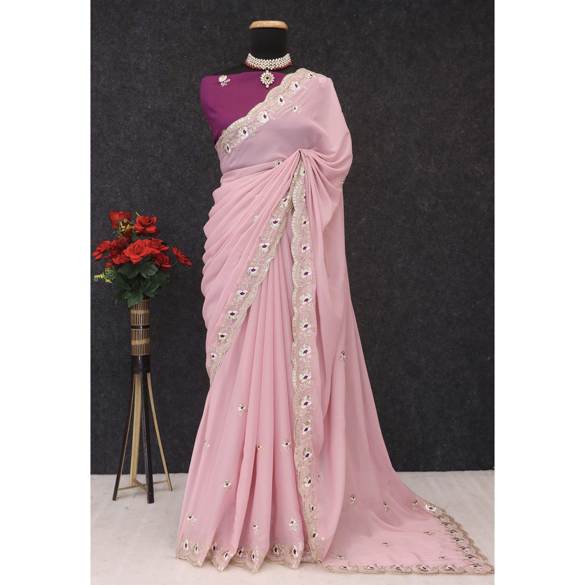 Pink Georgette Silk Saree With Floral Sequin Embroidery & Graceful Cutwork Detailing Border