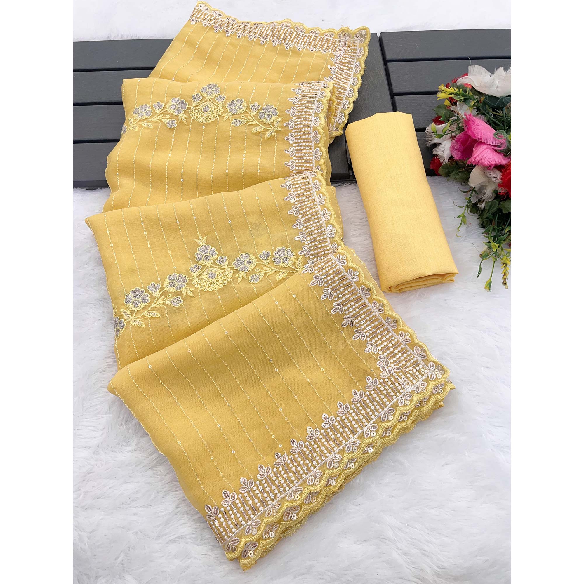 Yellow Shimmer Chiffon Saree with Floral Sequin Embroidery & Intricate Cutwork Border