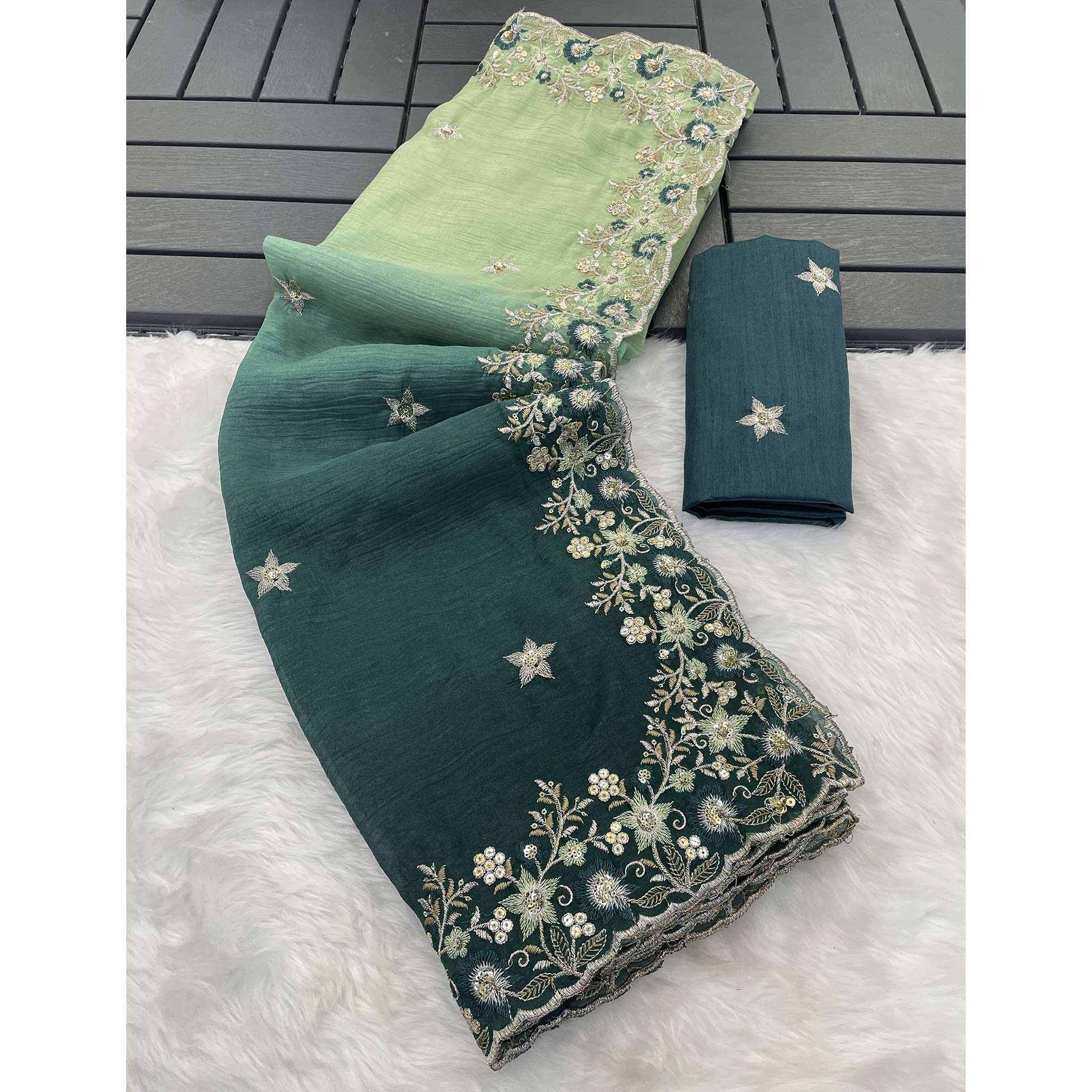 Teal Crunchy Crush Saree Featuring Floral Thread Embroidery & Sequins Embellishment