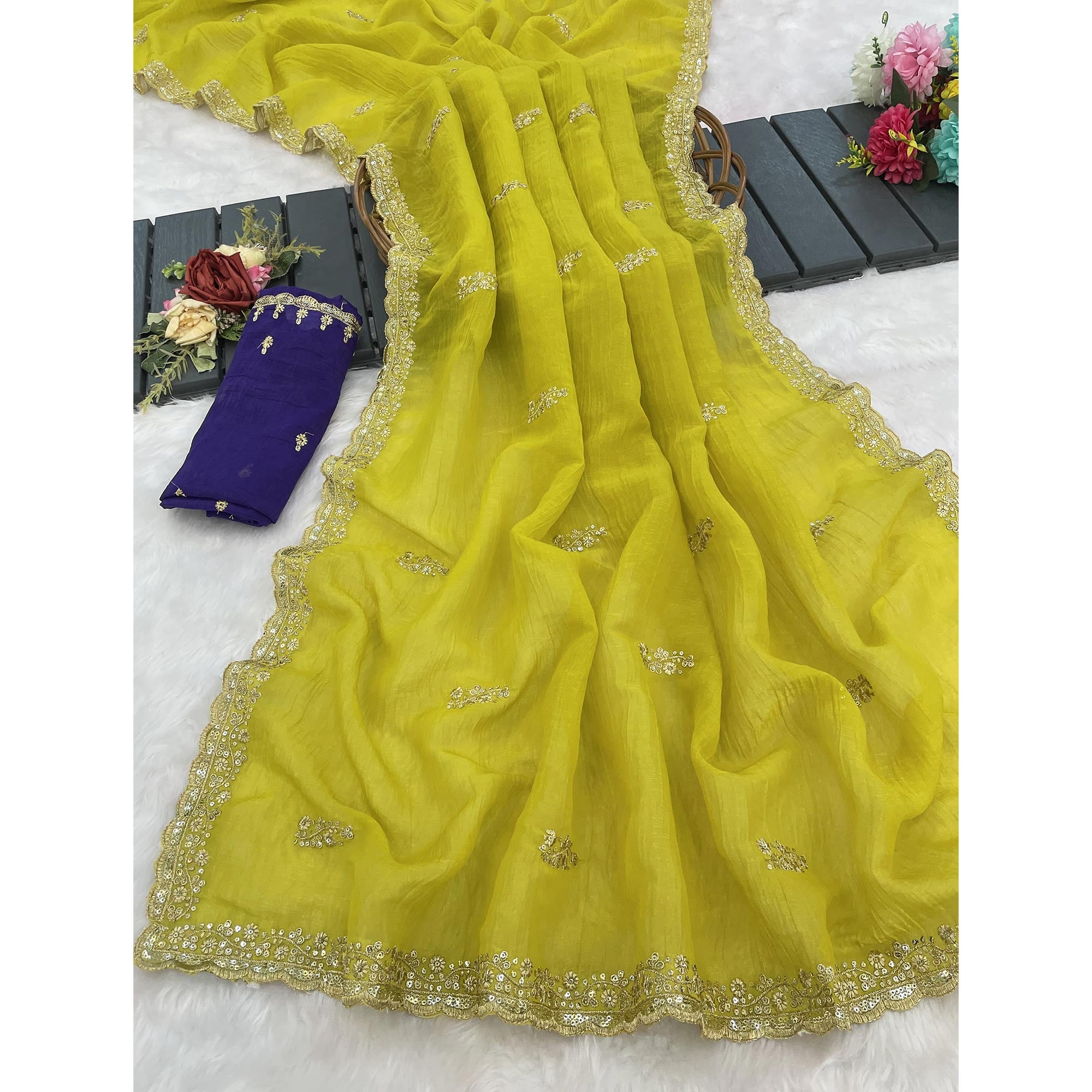 Enchanting Green Crunchy Crush Saree With Delicate Floral Thread Embroidery & Sparkling Sequins Accents