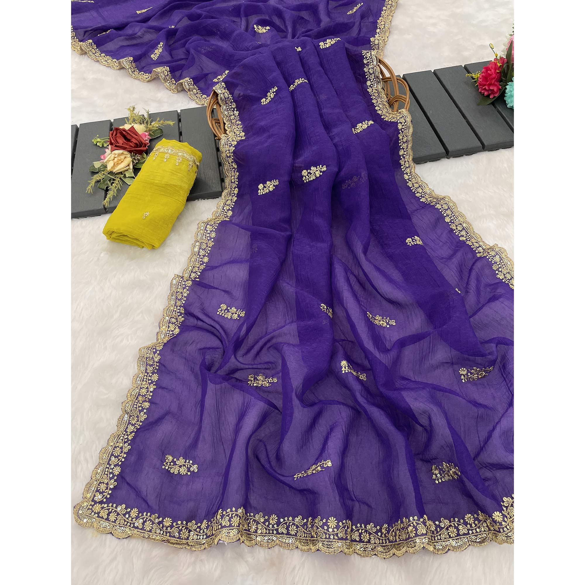Royal Purple Crunchy Crush Saree Adorned With Floral Thread Embroidery & Gleaming Sequins Detailing