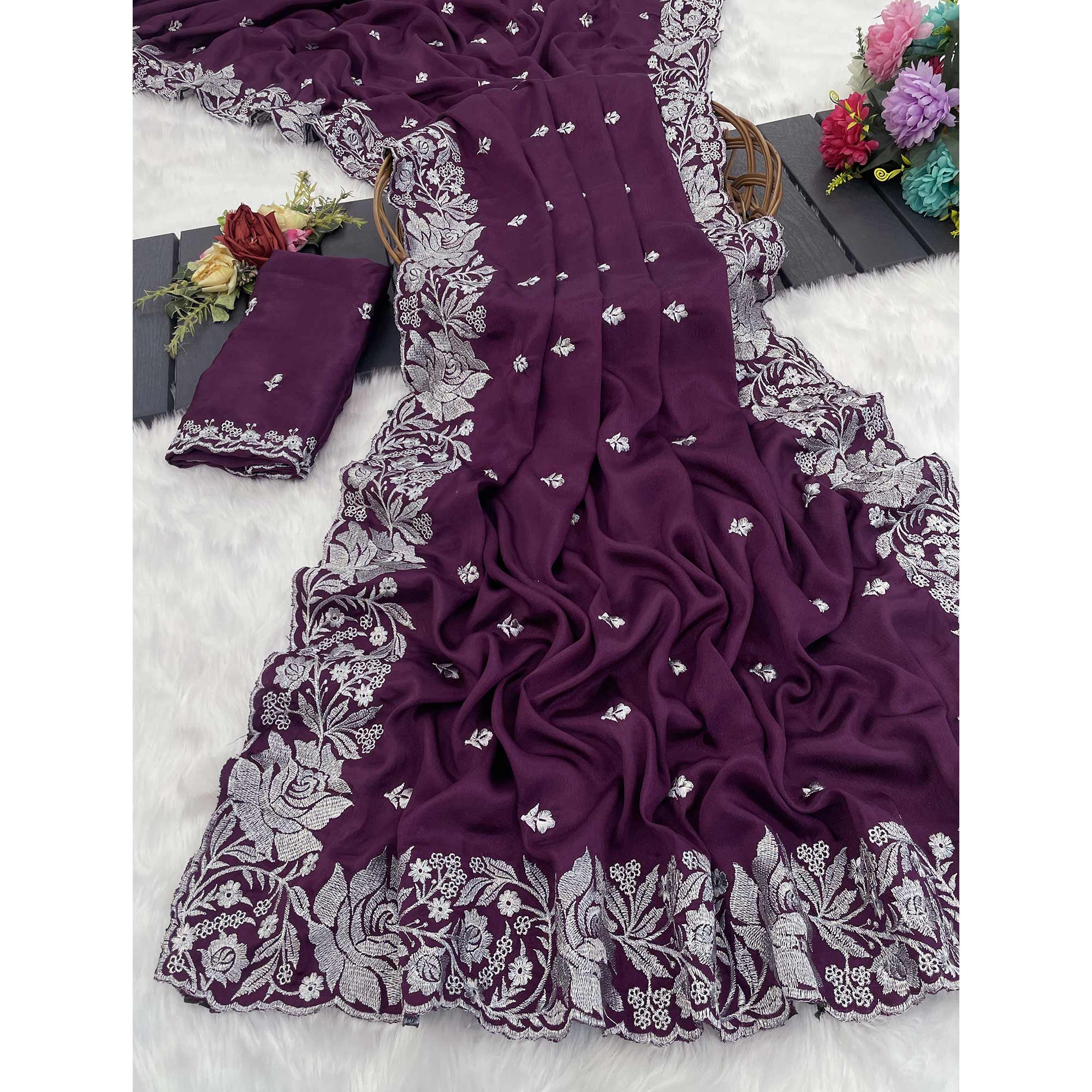 Ethereal Plum Purple Saree With Intricate Floral Zari Accents On Chinon Chiffon