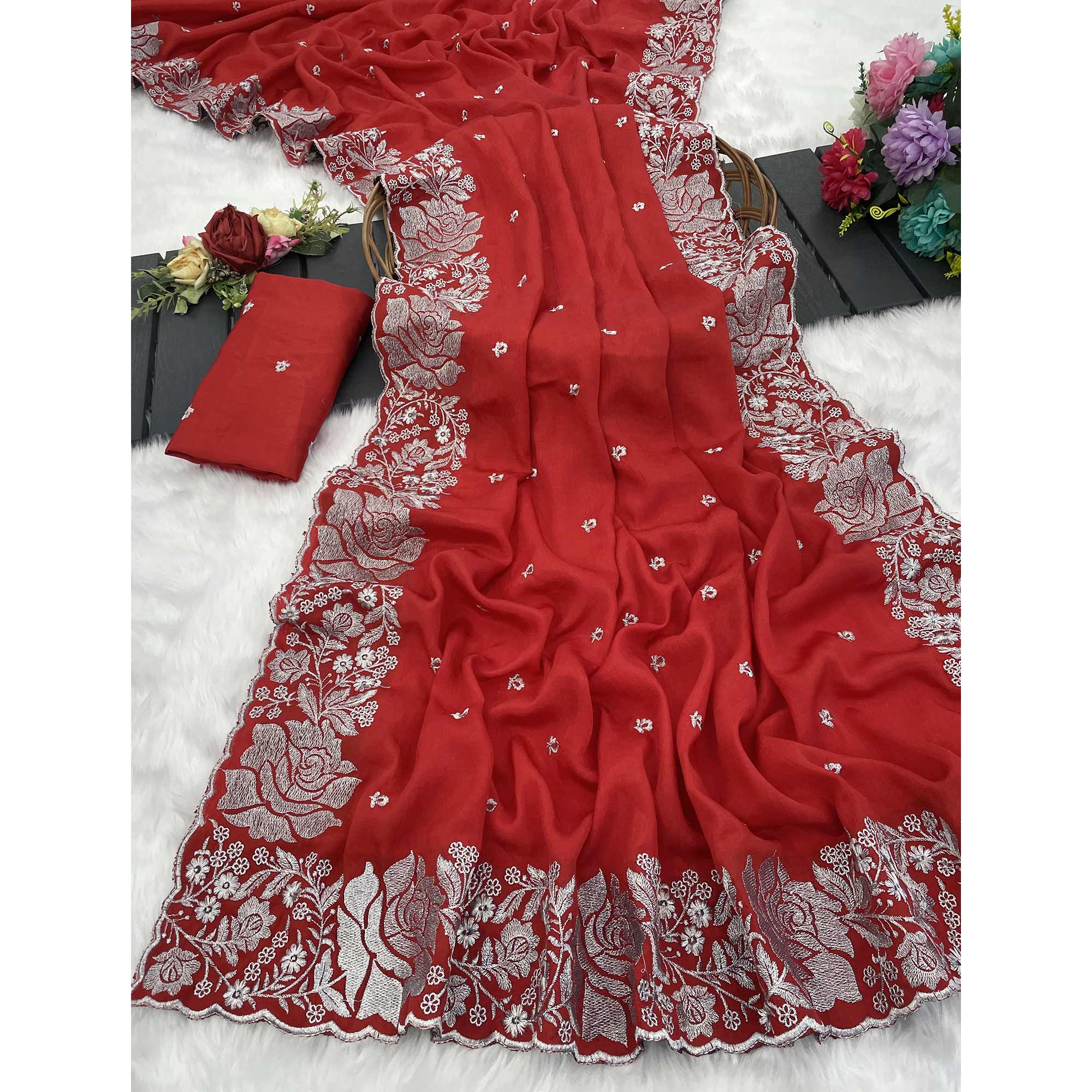 Elegant Red Chinon Chiffon Saree Embellished with Timeless Floral Zari Embroidery
