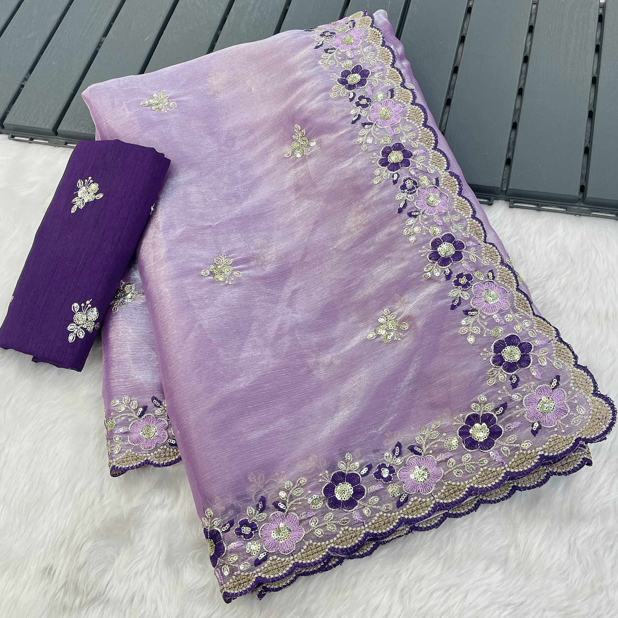 Lavender Jimmy Choo Chiffon Saree Adorned With Floral Embroidery & Delicate Sequins Work