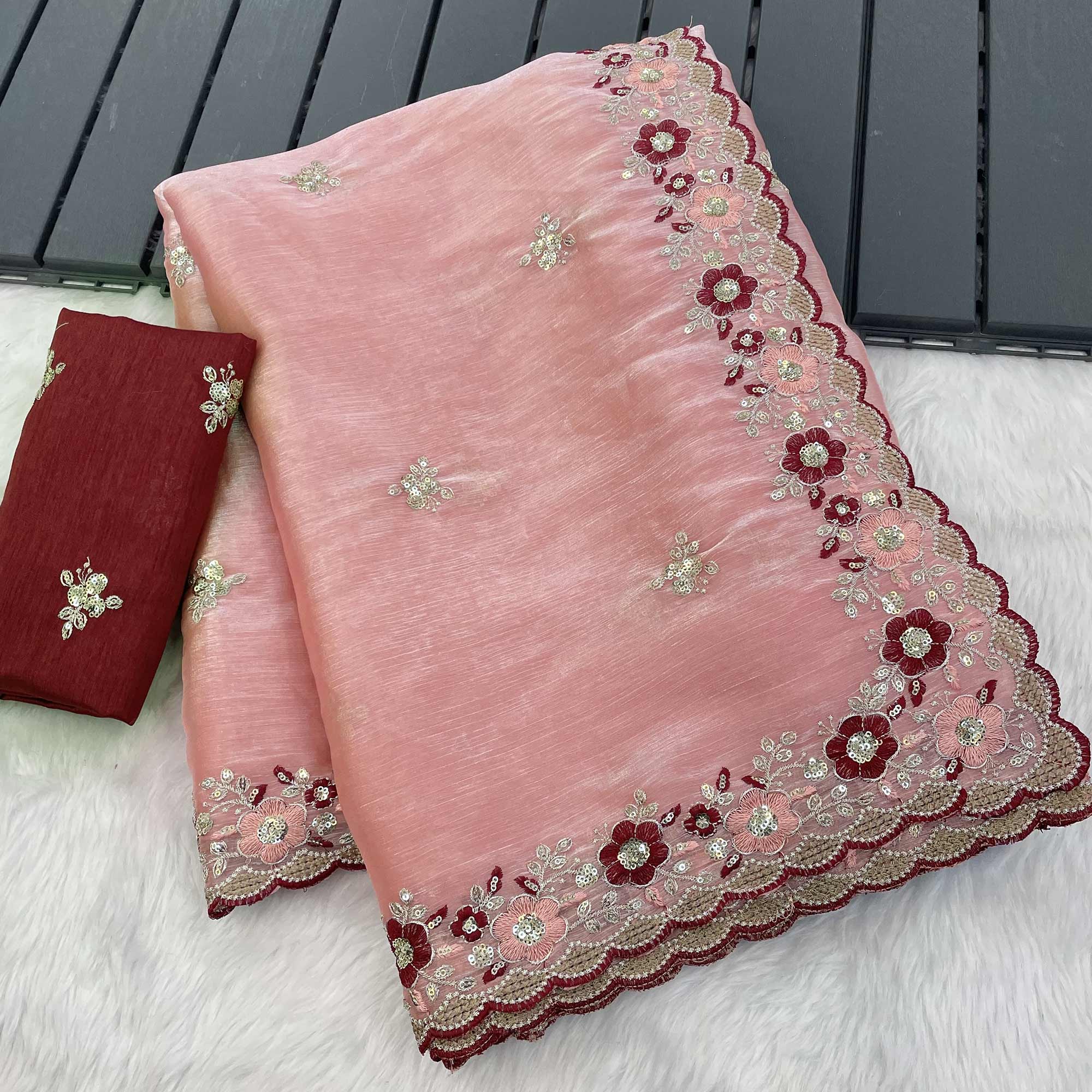 Peach Jimmy Choo Chiffon Saree Adorned With Floral Embroidery & Delicate Sequins Work