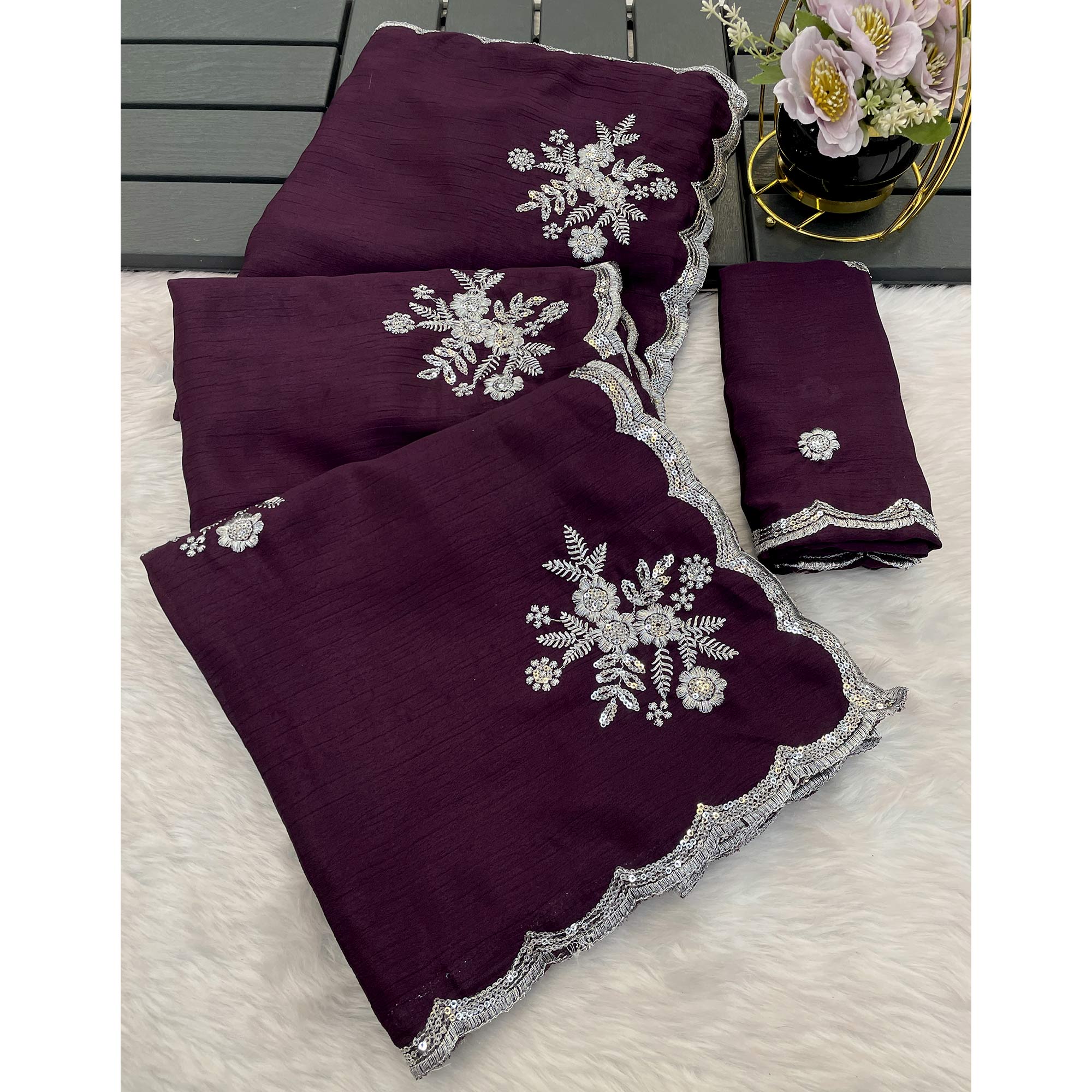 Wine Chinon Saree Adorned With Zari Floral Embroidery & Gleaming Sequins Work