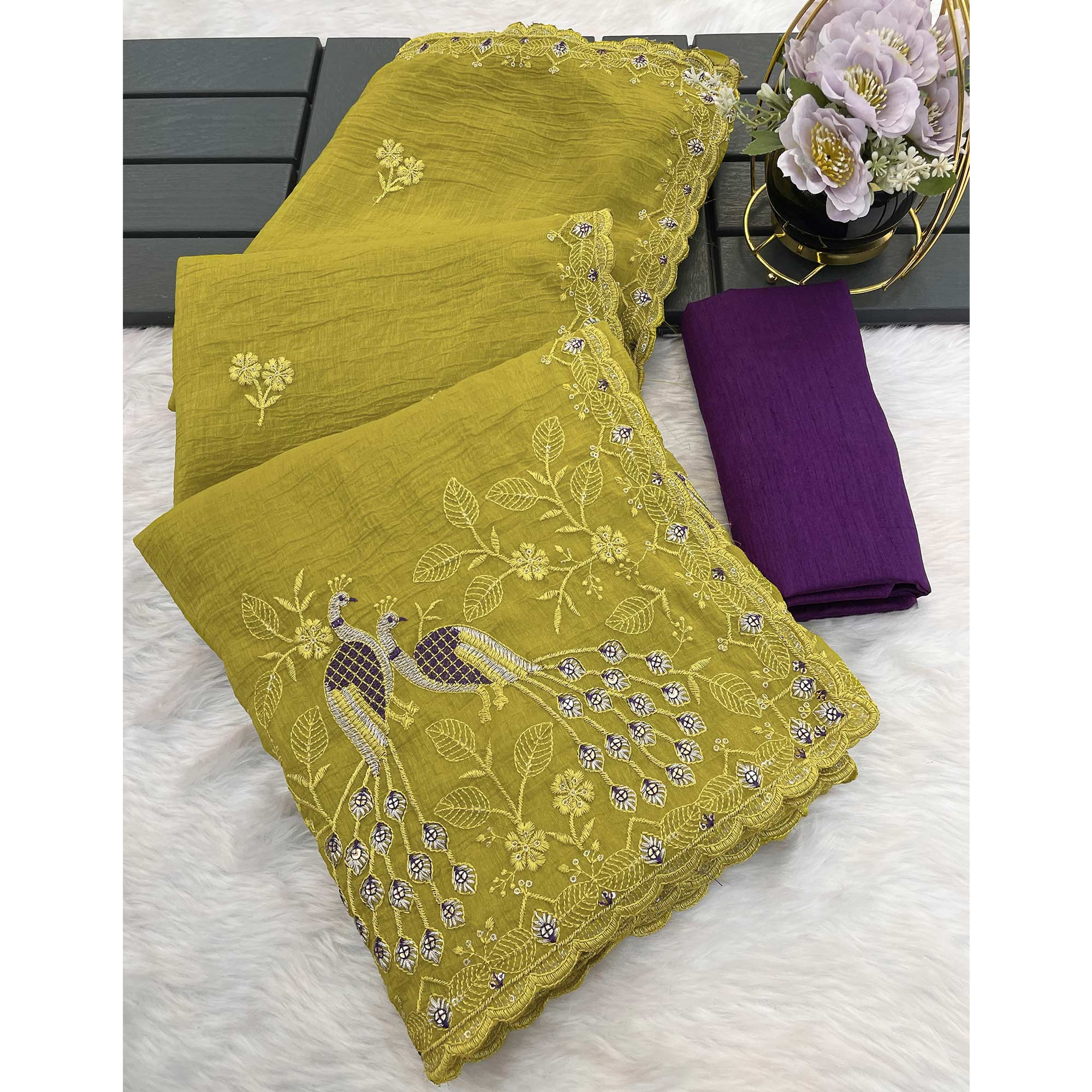 Graceful Green Crunchy Crush Saree With Delicate Floral Thread Embroidery & Sequin Work