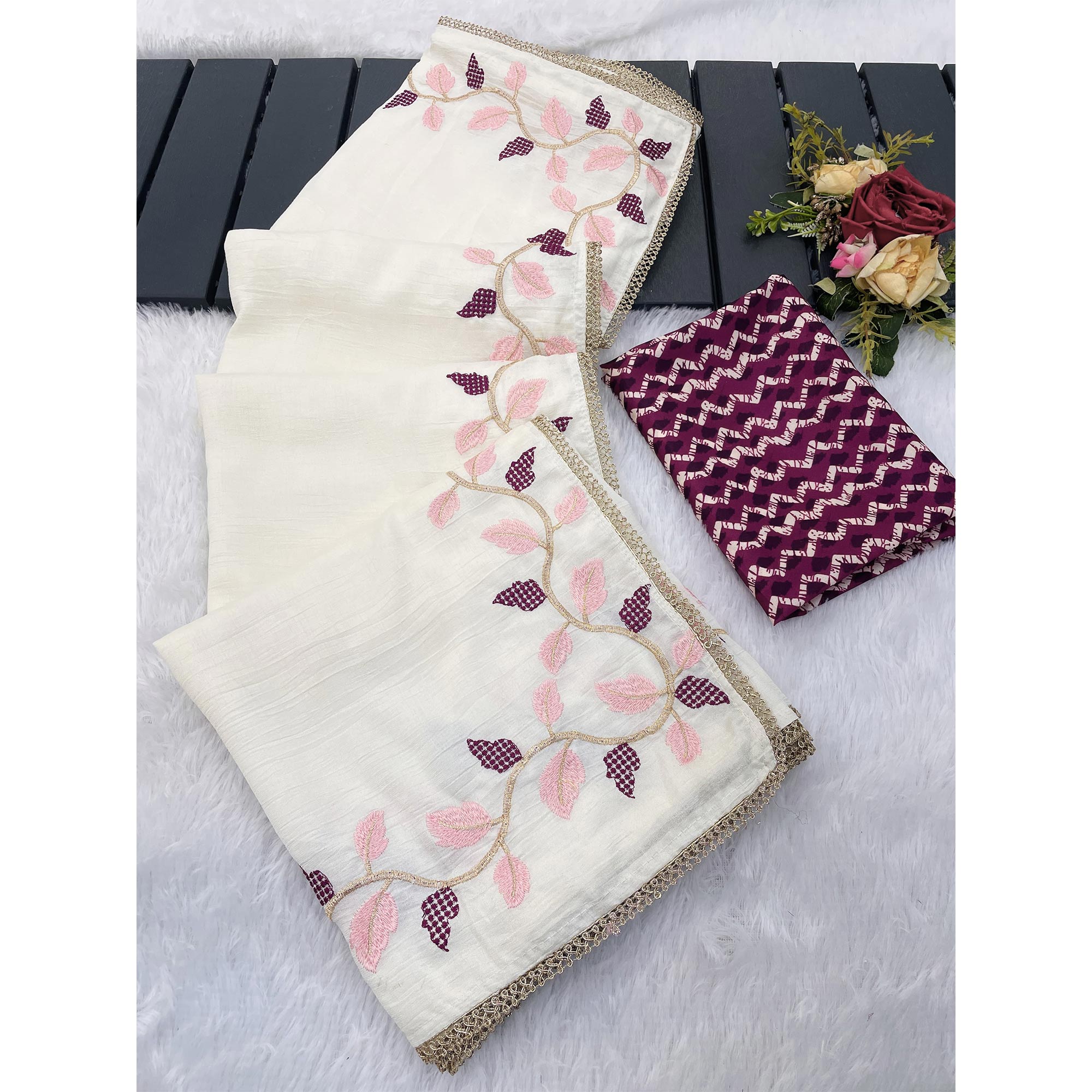 Graceful Offwhite & Wine Pure Silk Saree With Intricate Thread Embroidery And Delicate Lace Border