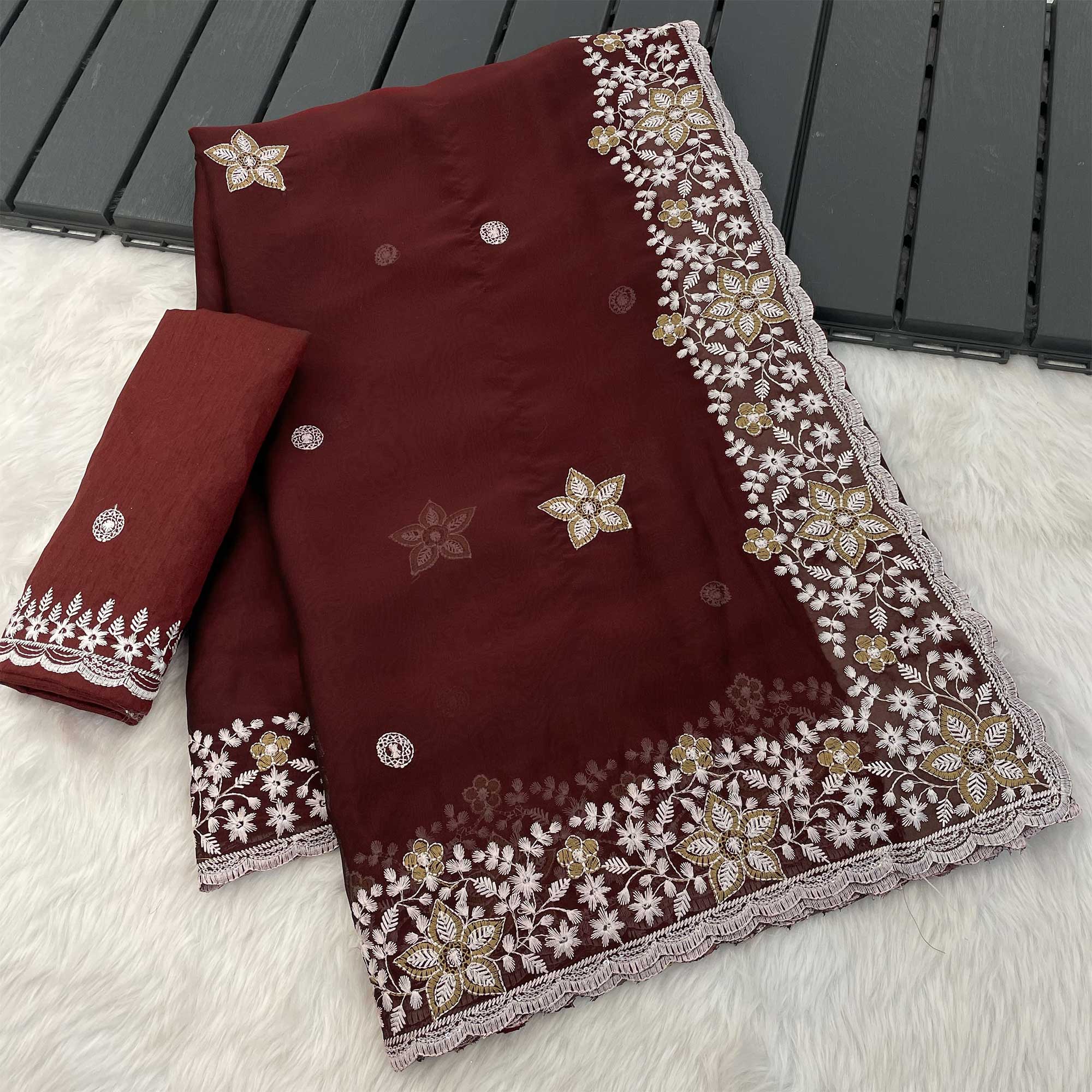 Maroon Designer Art Silk Saree Enhanced with Fine Floral Embroidery Work