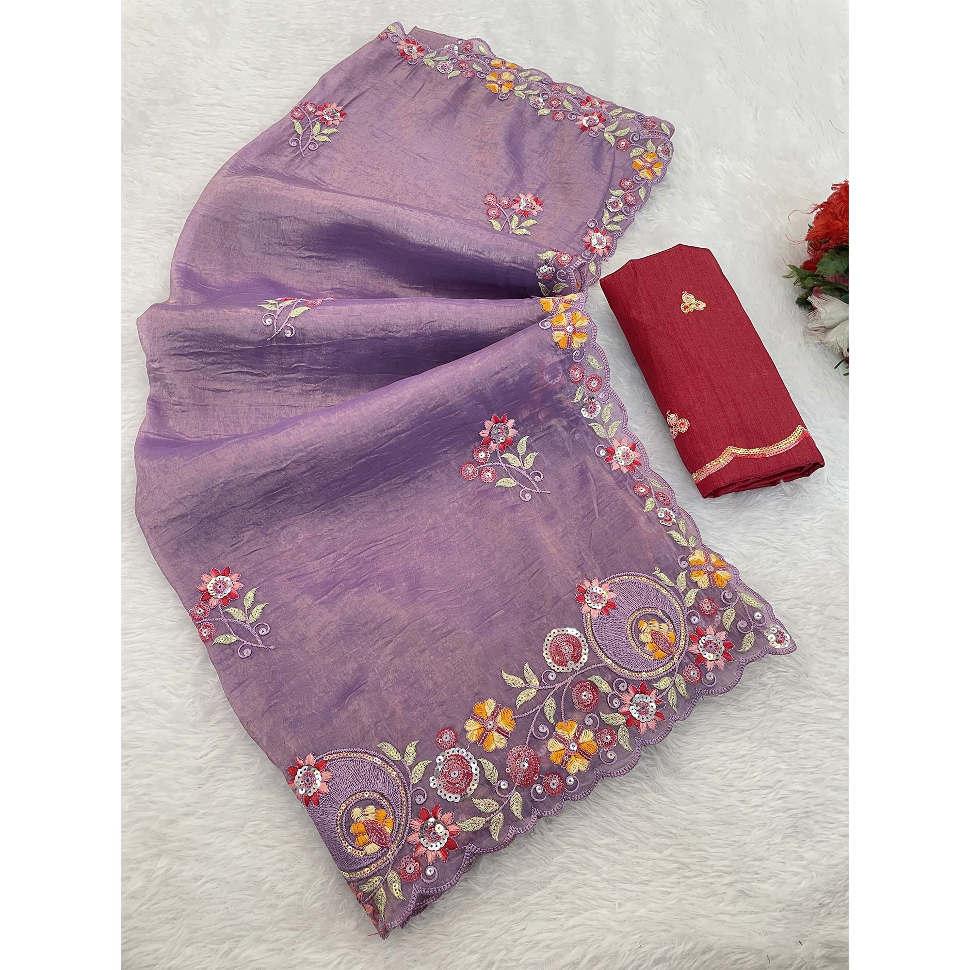 Lavender Elegance Cotton Silk Saree with Floral Sequins Embroidery