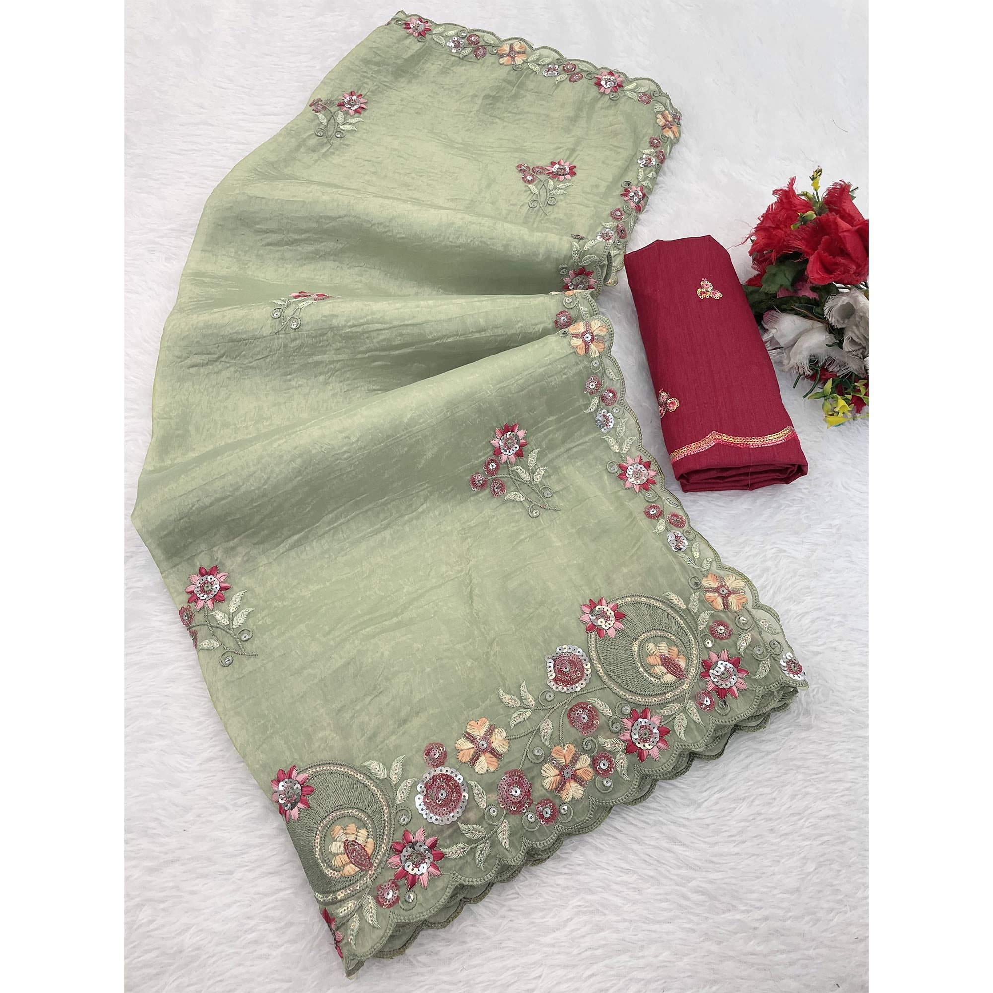 Pista Green Elegance Cotton Silk Saree with Floral Sequins Embroidery