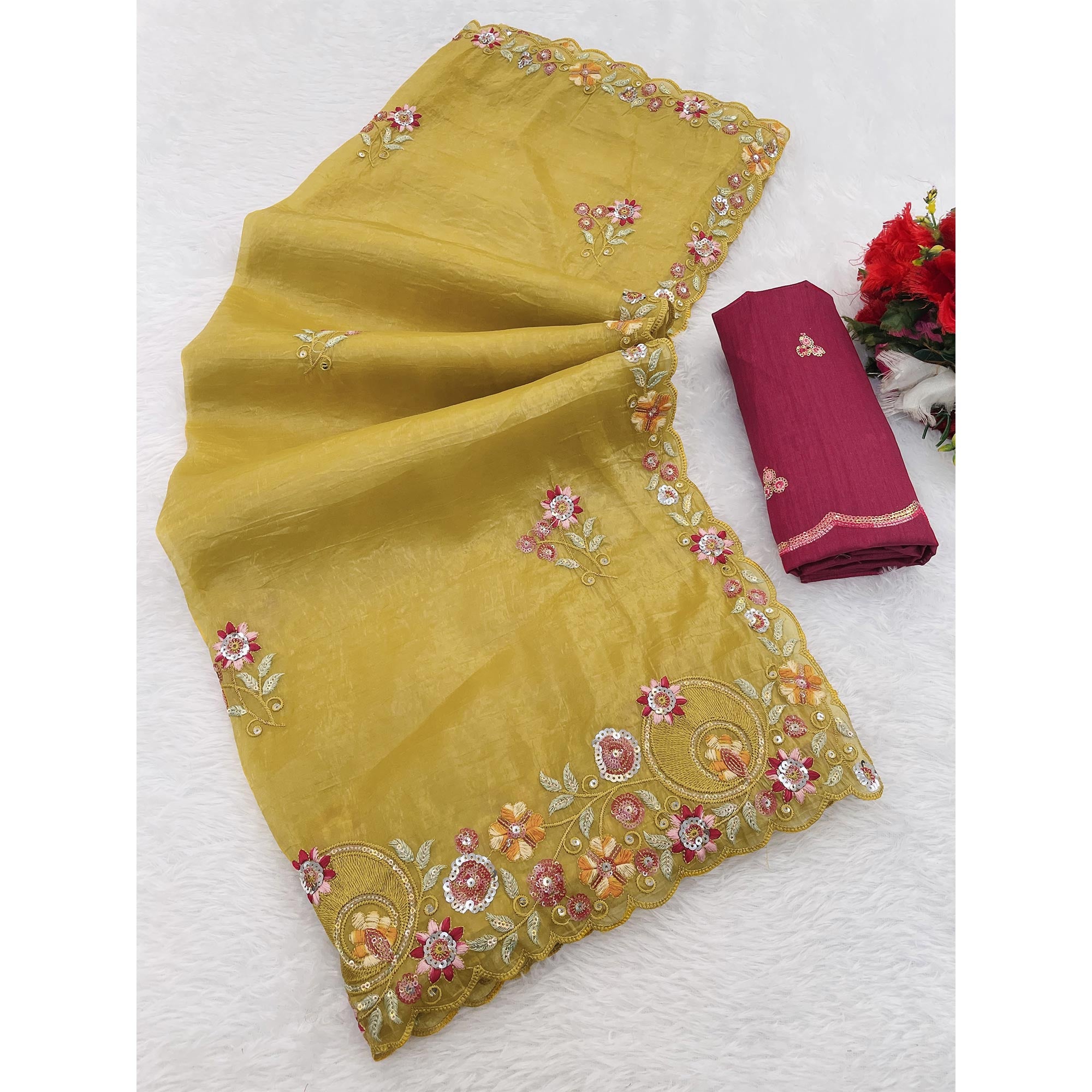 Yellow Elegance Cotton Silk Saree with Floral Sequins Embroidery