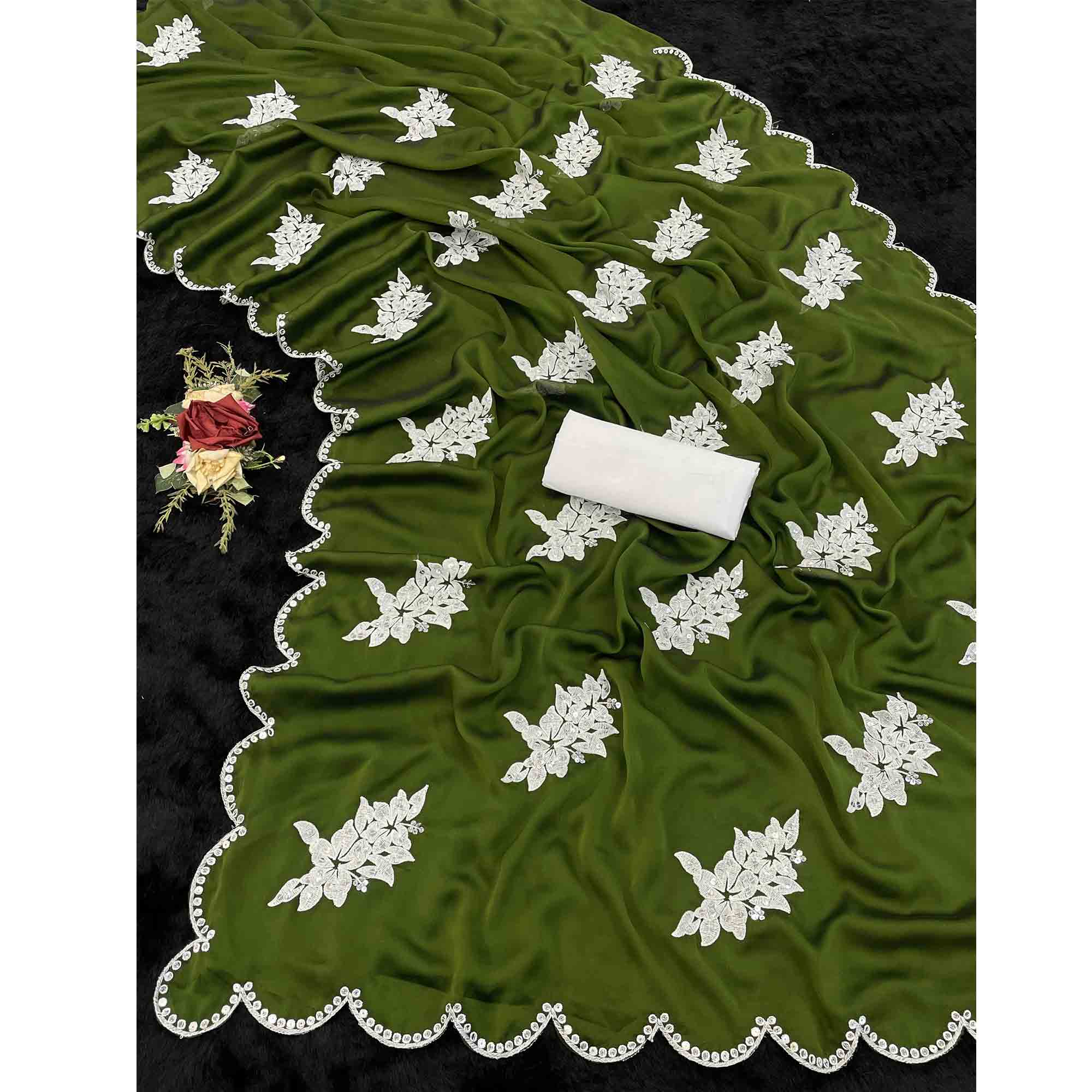 Mehendi Green Silk Blend Saree with Embroidered Floral Design in Sequins & Thread