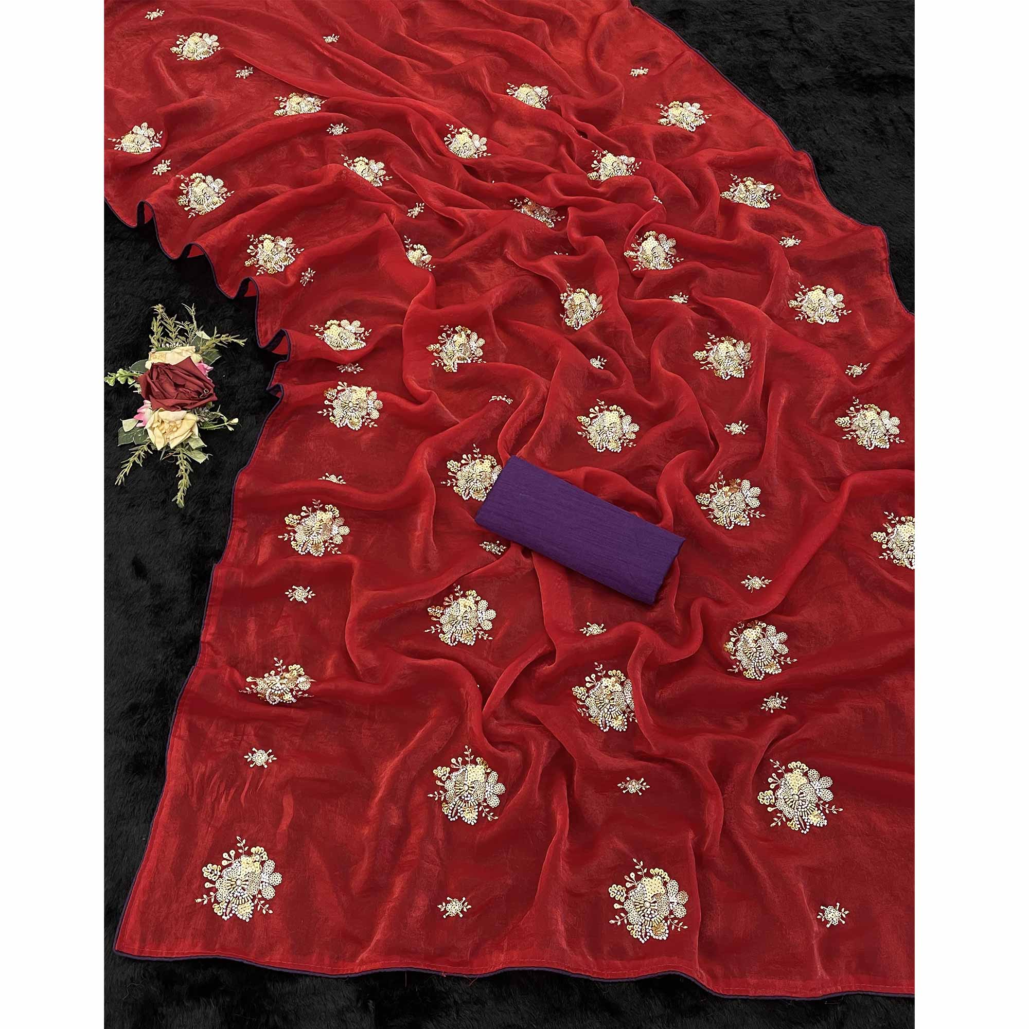 Party Wear Red Satin Silk Saree with Intricate Bead and Sequin Detailing