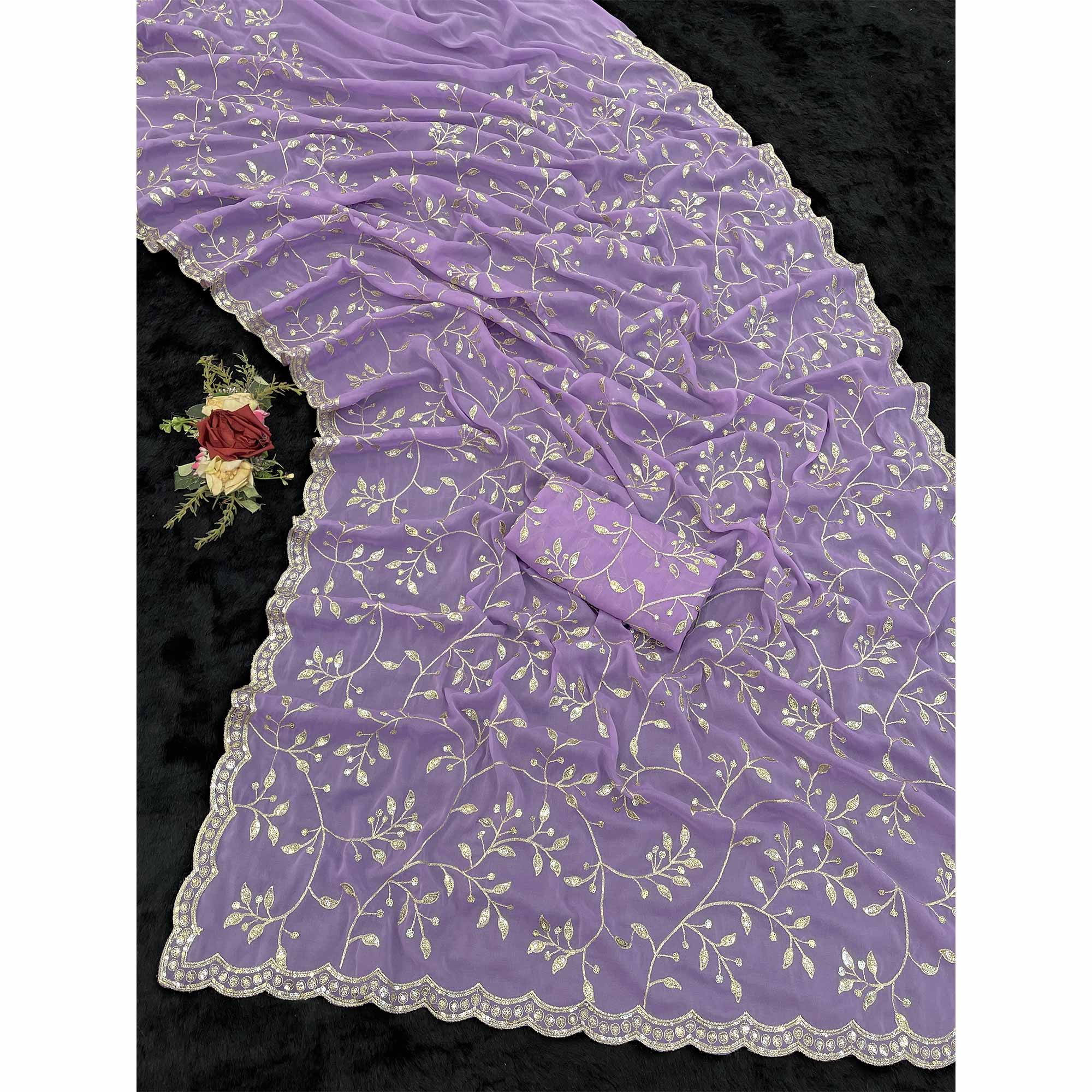 Designer Lavender Georgette Saree Featuring Intricate Sequins & Embroidery Work