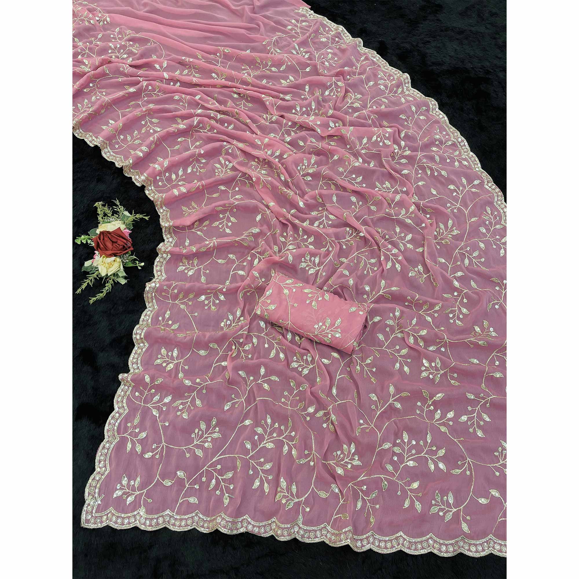 Designer Pink Georgette Saree Featuring Intricate Sequins & Embroidery Work