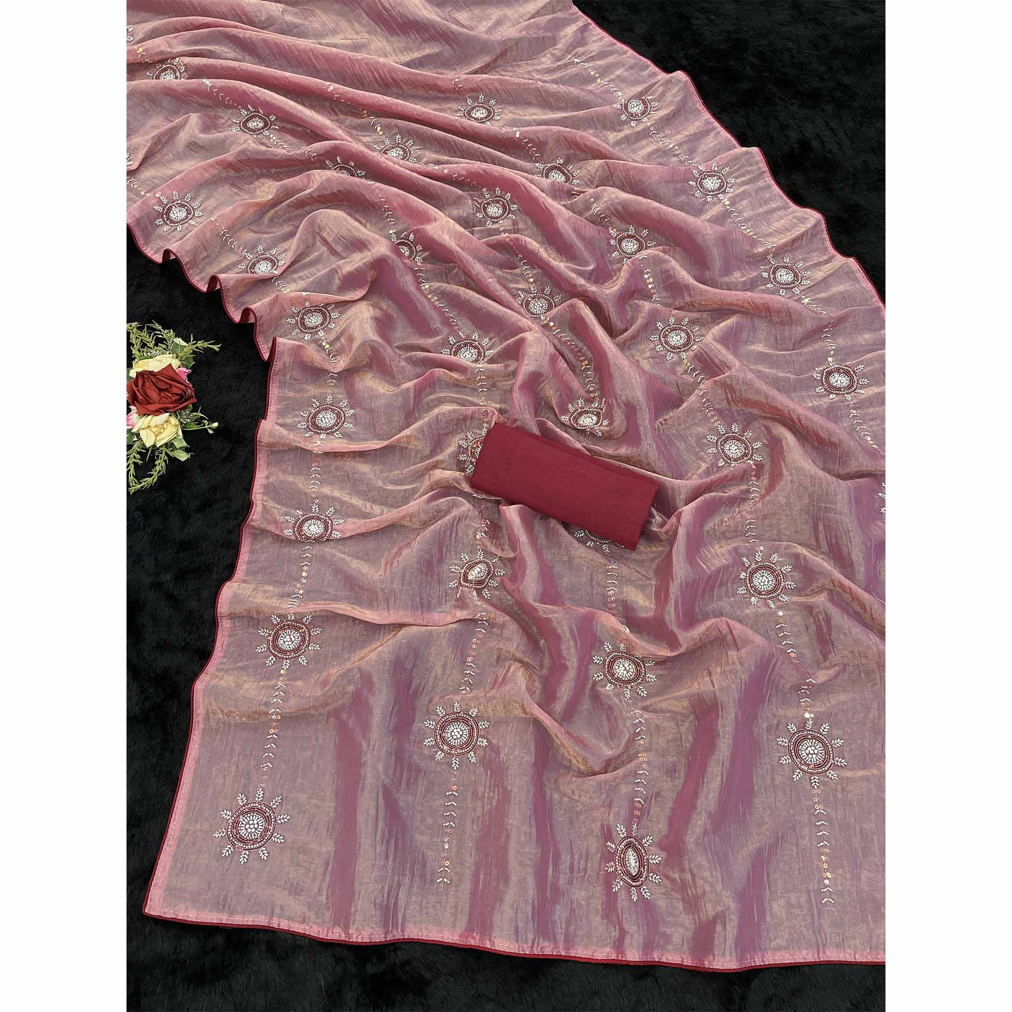 Pink Designer Silk Blend Saree Embellished with Stones & Beads
