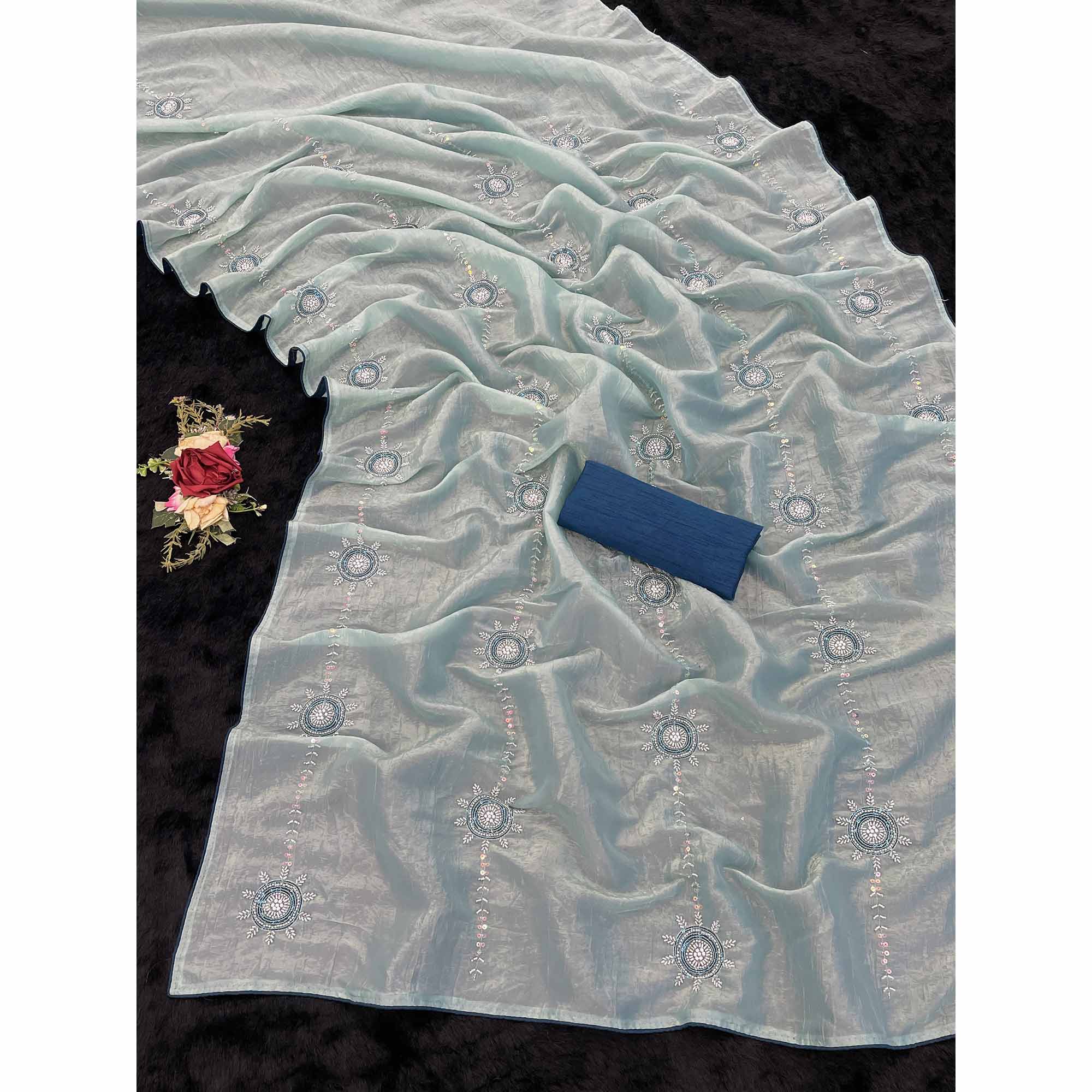 Turquoise Designer Silk Blend Saree Embellished with Stones & Beads