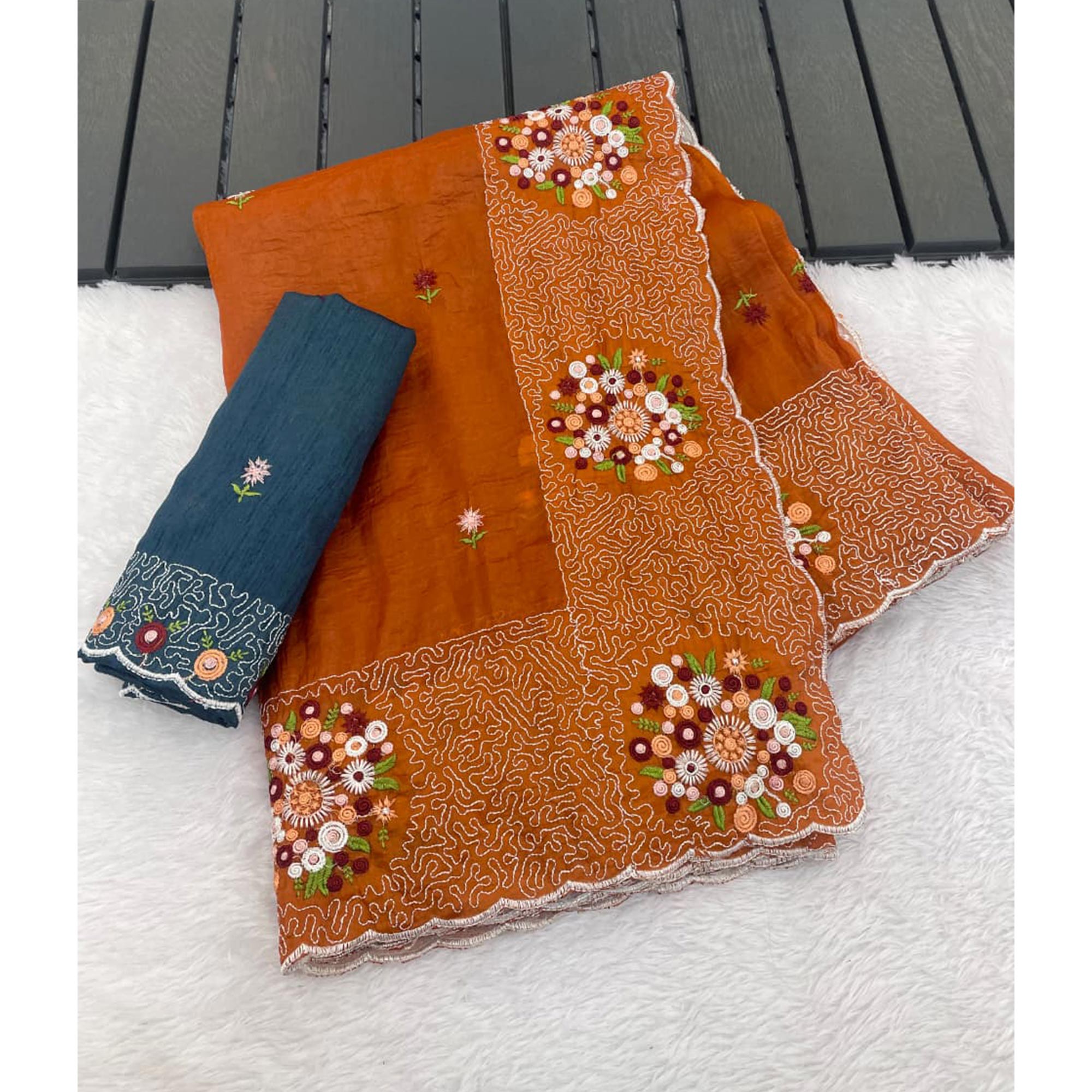 Orange Cotton Silk Saree with Beautiful Floral Embroidery for Parties & Celebrations