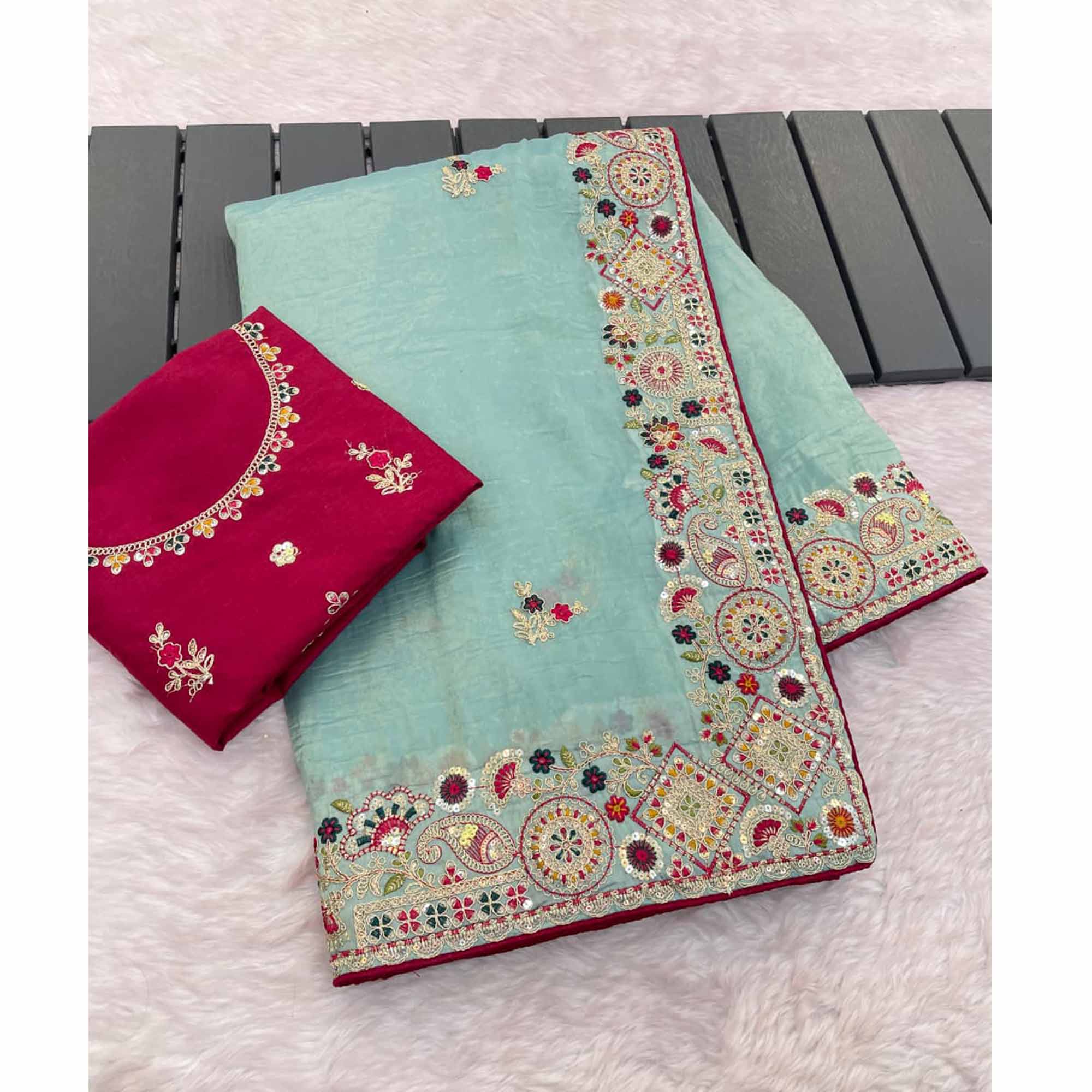 Aqua Blue Saree in Cotton Silk Fabric with Exquisite Floral Sequins Detailing