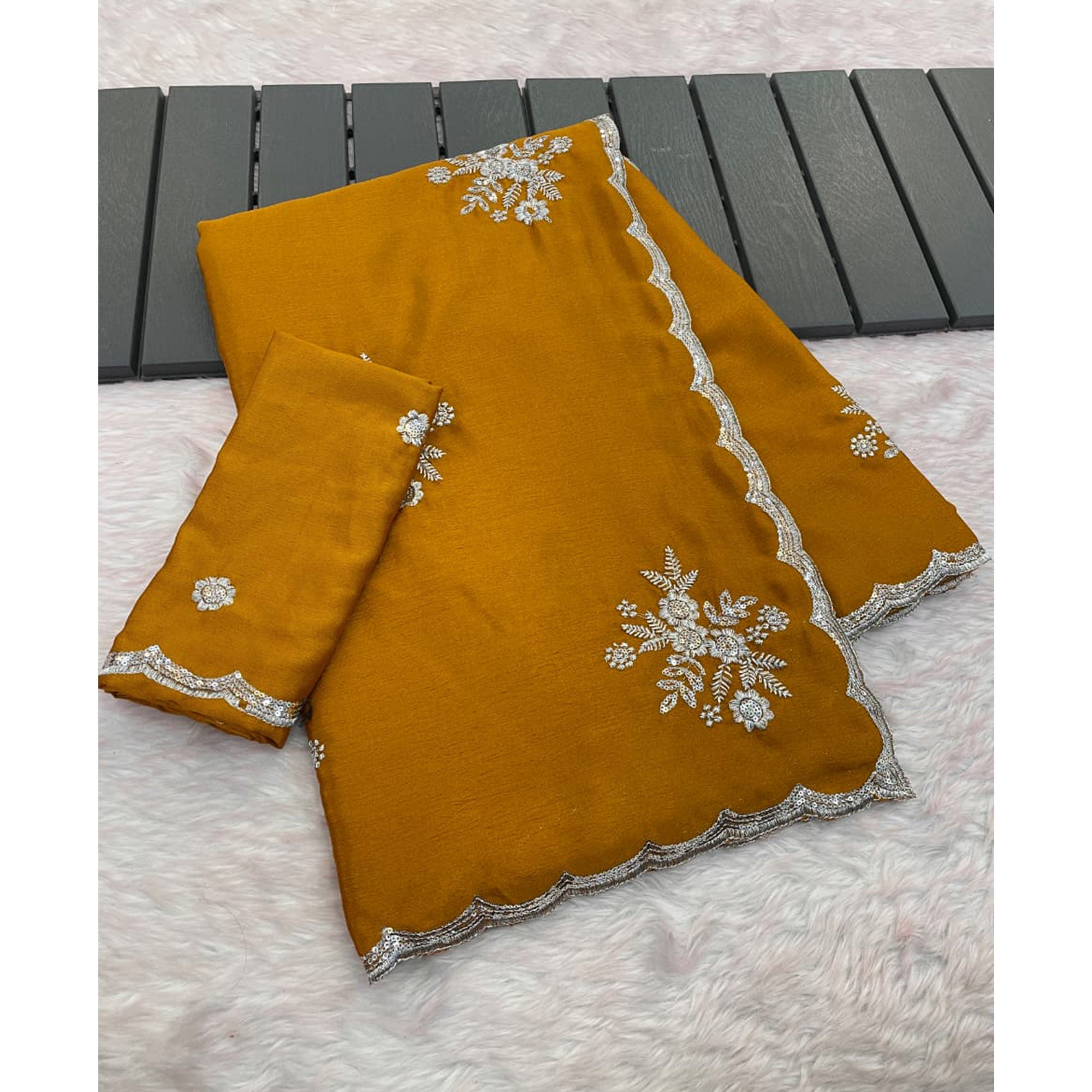Designer Mustard Pure Chinon Saree Highlighted with Elegant Sequins Embroidery