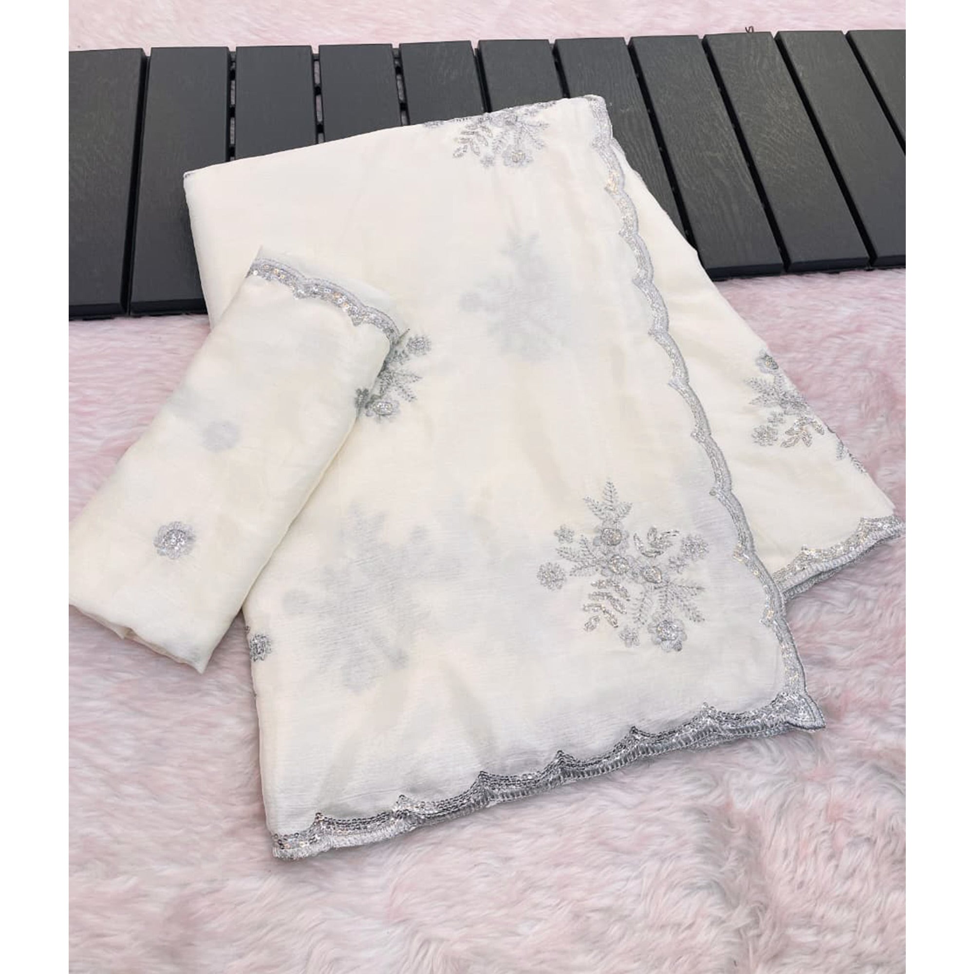 Designer Off White Pure Chinon Saree Highlighted with Elegant Sequins Embroidery