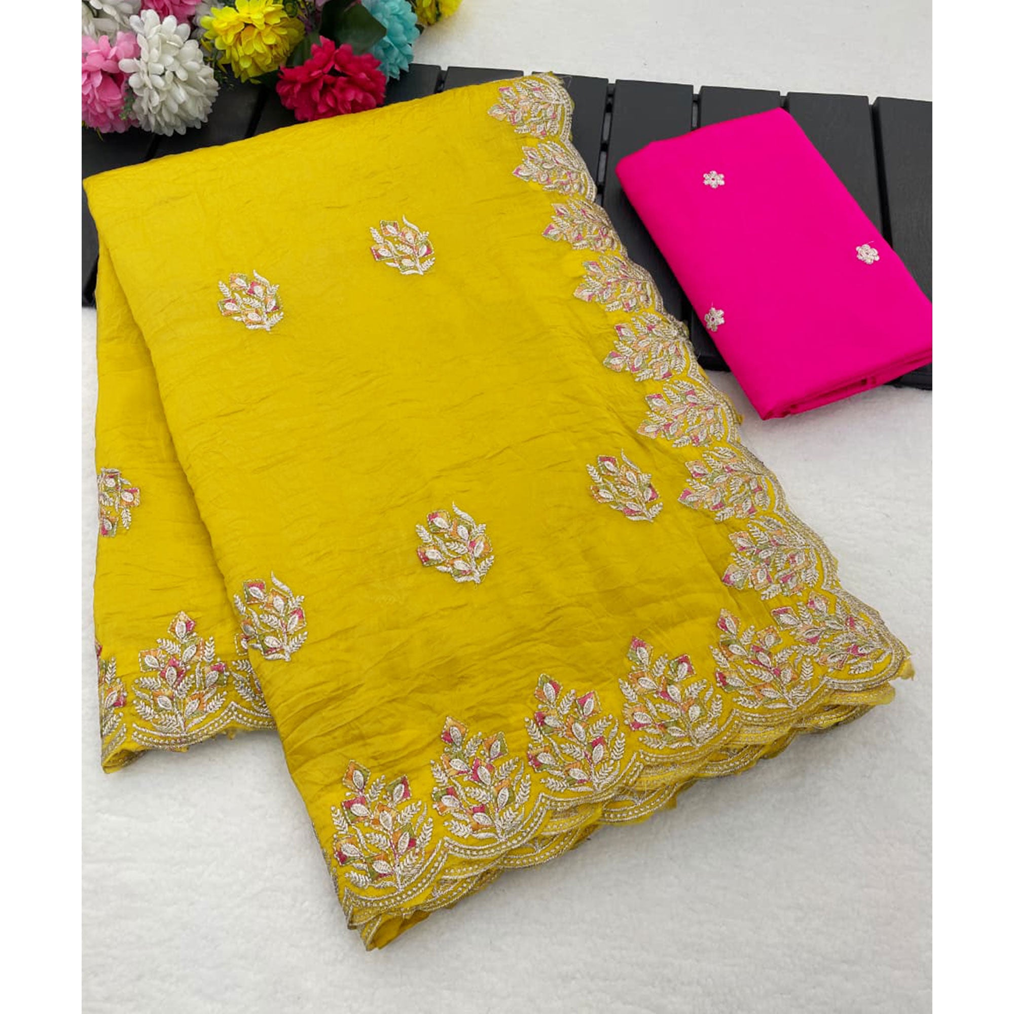 Classic Mustard Silk Blend Crush Saree Beautifully Embellished With Floral Thread Embroidery