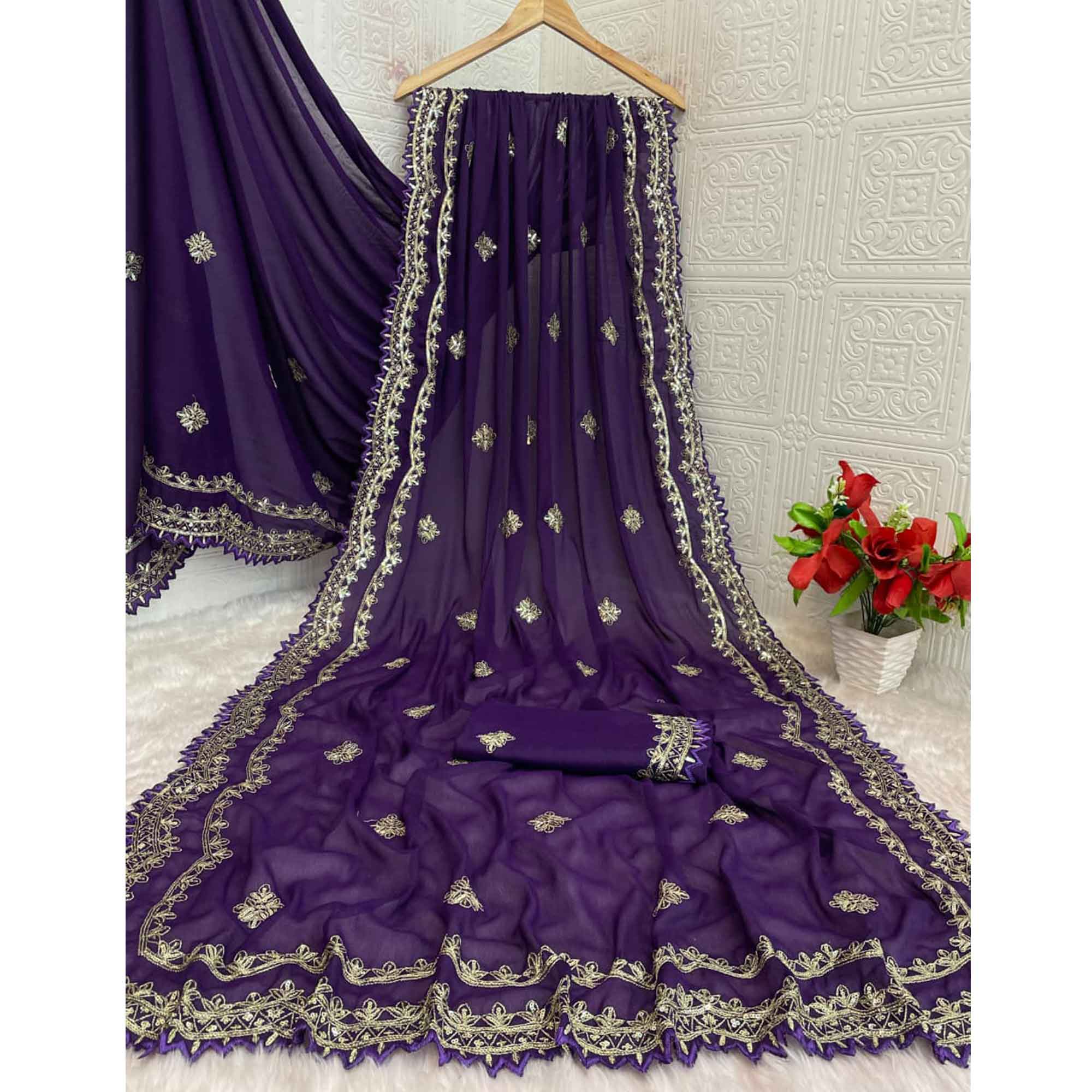 Radiant Purple Thread Work Georgette Silk Saree Beautifully Enhanced With Sequins Embellishment