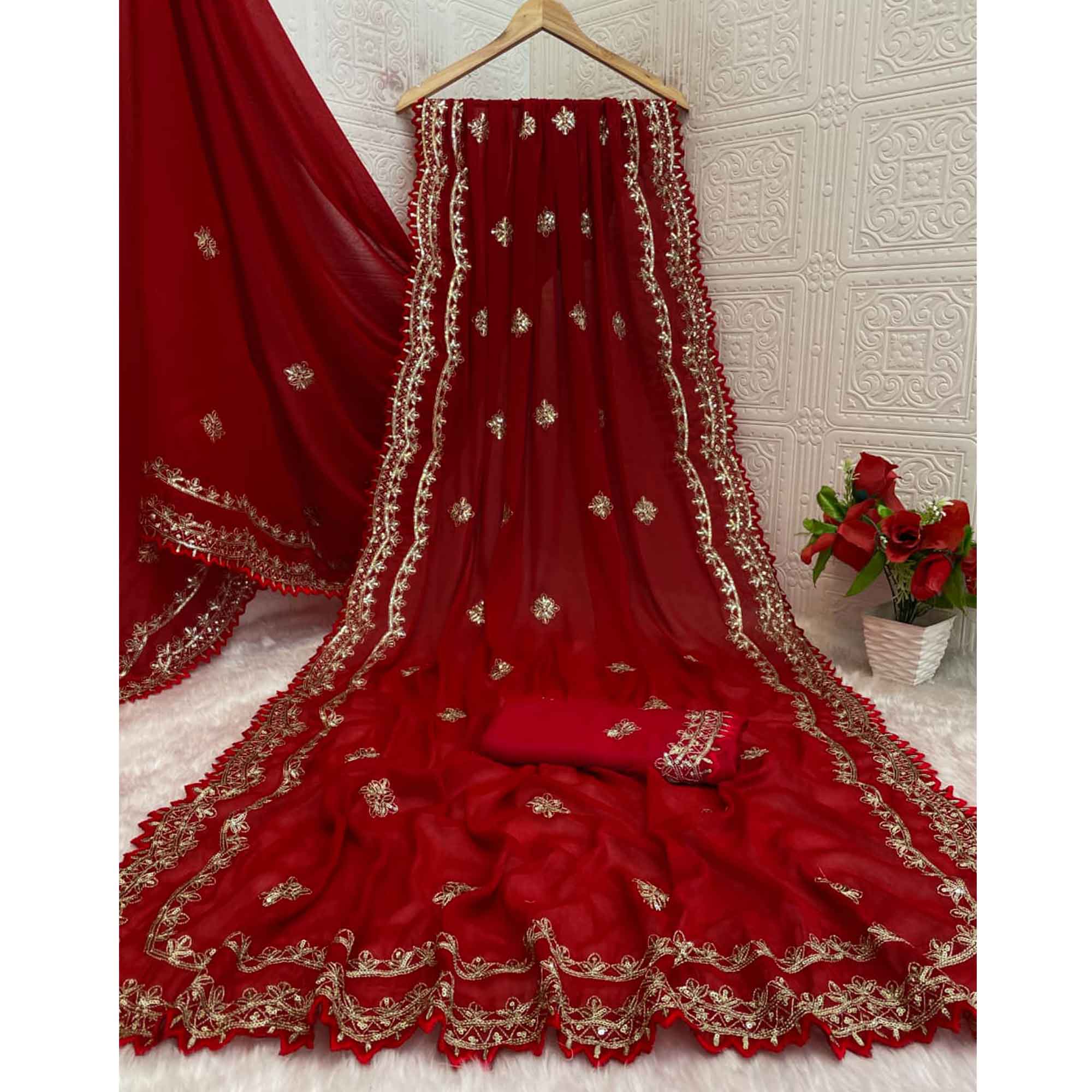 Radiant Red Thread Work Georgette Silk Saree Beautifully Enhanced With Sequins Embellishment